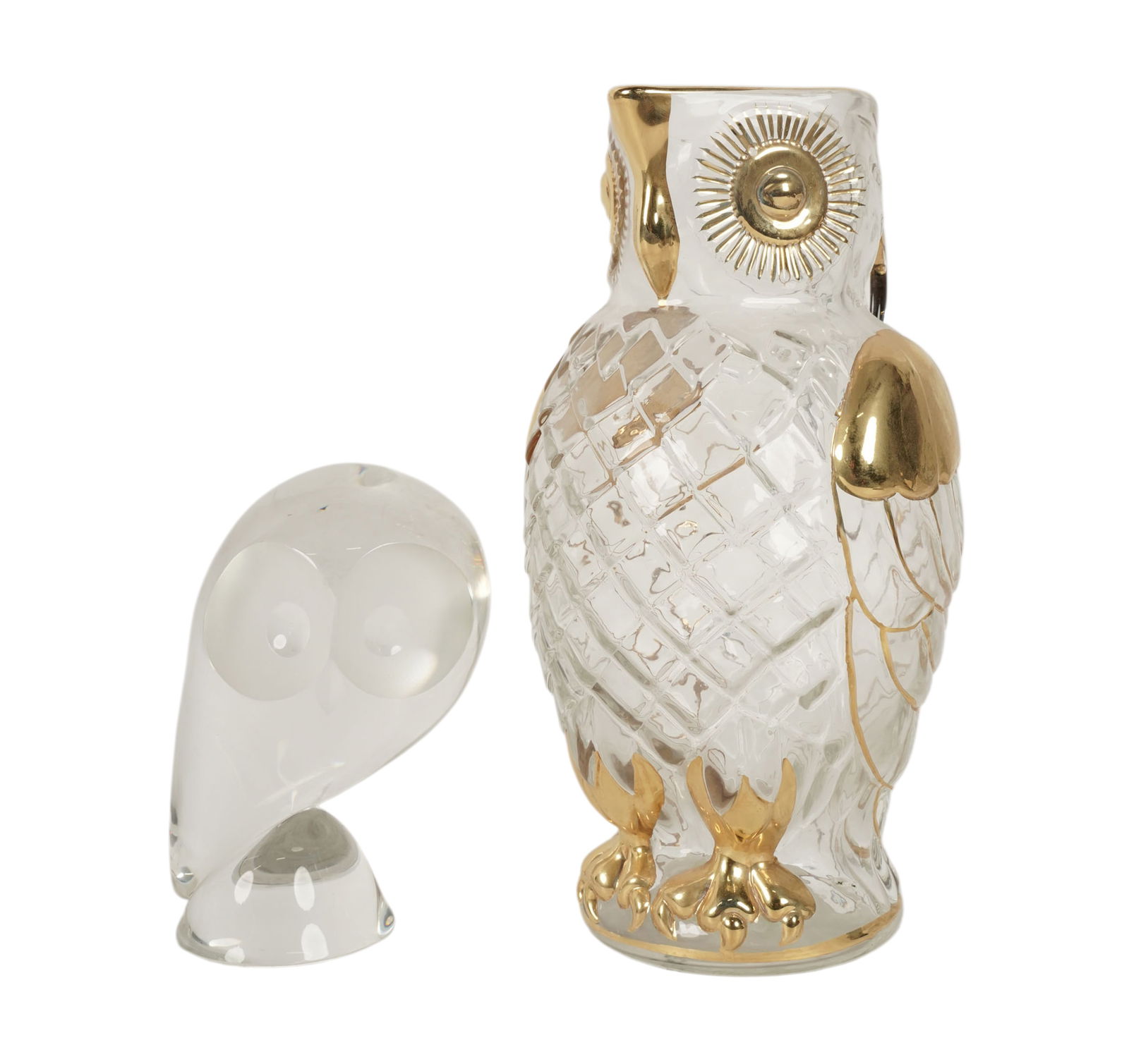 Two Designer Glass Owl-Form Table Articles: Owl pitcher (9 1/2 in. high) and Steuben owl sculpture (5 1/2 in. high)