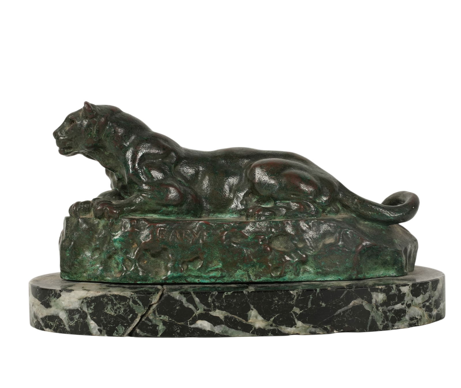 Antoine-Louis Barye (1796-1875), Panthere de Tunis: bronze on marble, signed, figure: 3 1/2 x 7 1/4 x 2 1/2 in., overall: 4 1/2 x 8 1/4 x 3 5/8 in.