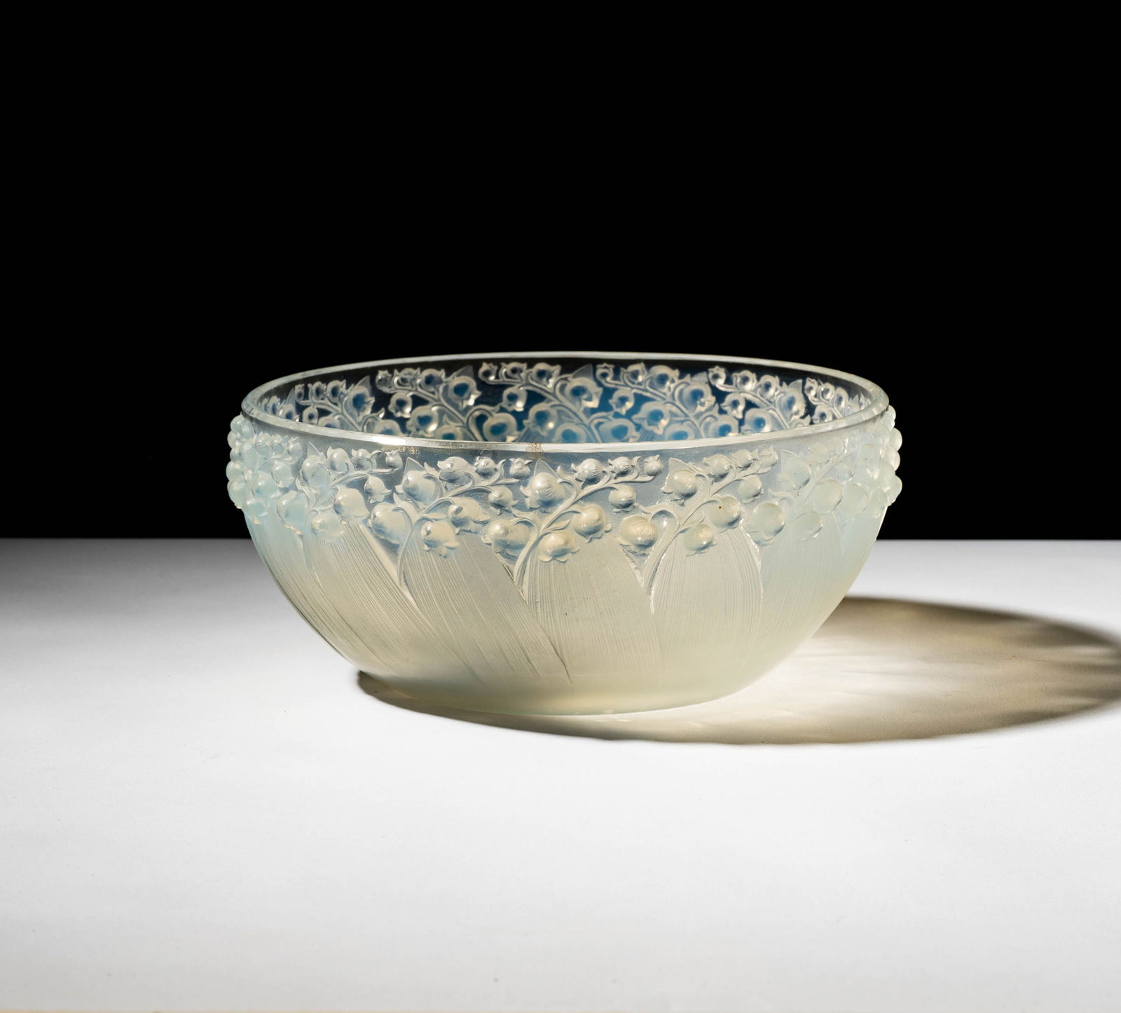 R. Lalique Opalescent Glass Muguet Coupe: signed R. Lalique, 4 x 9 in.