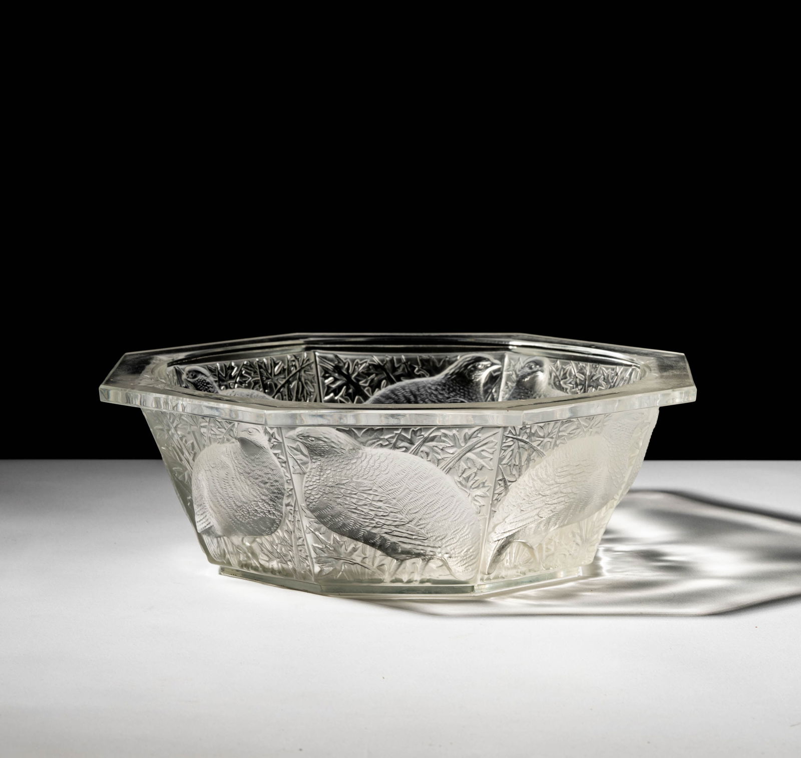 Lalique Caille Quail Bowl: signed, 4 x 11 1/2 x 11 1/2 in.