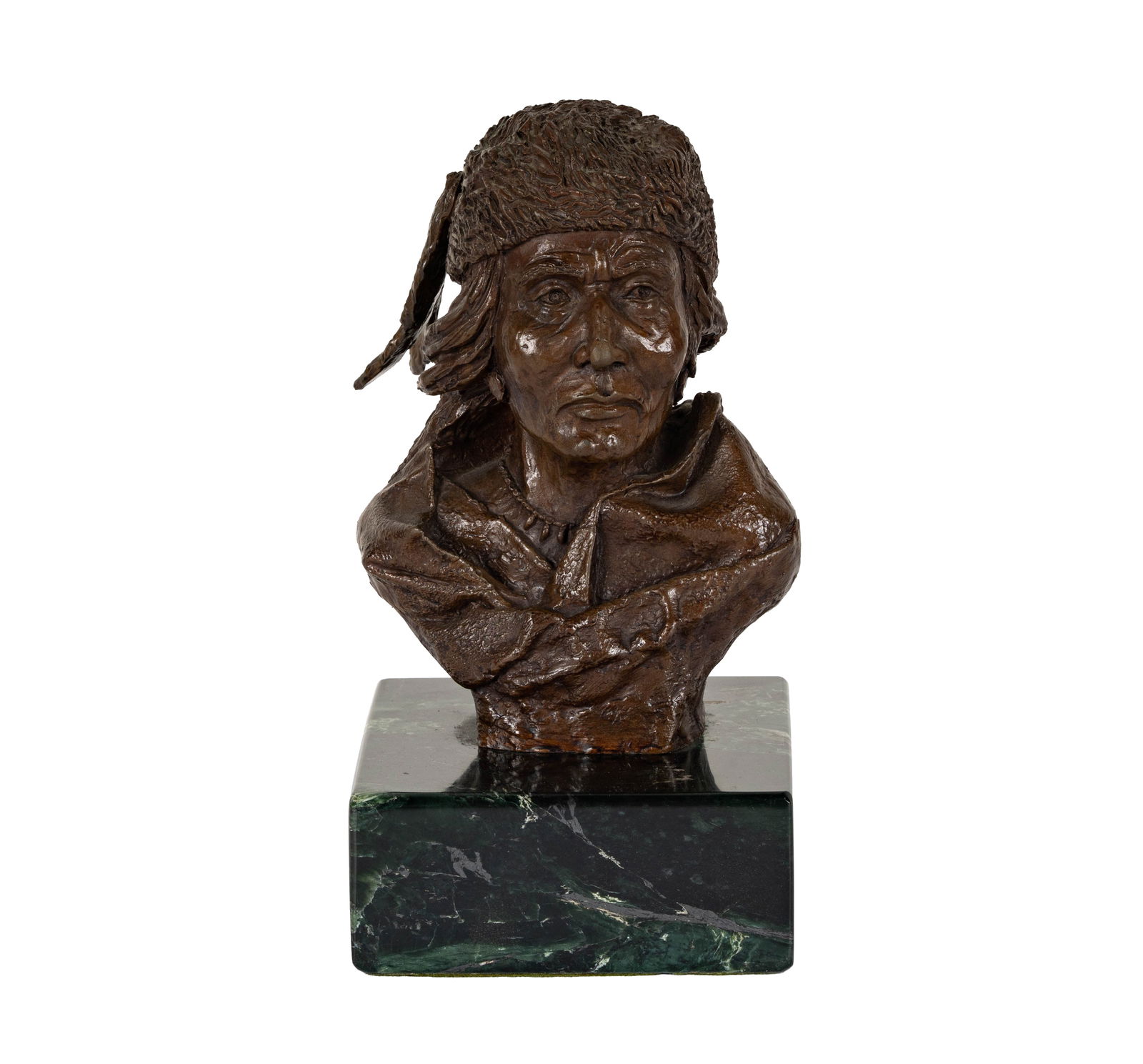 J. Ritter, Indian Bust: 1978, signed and dated in casting bronze bust on marble base, 9 x 5 x 5 in.