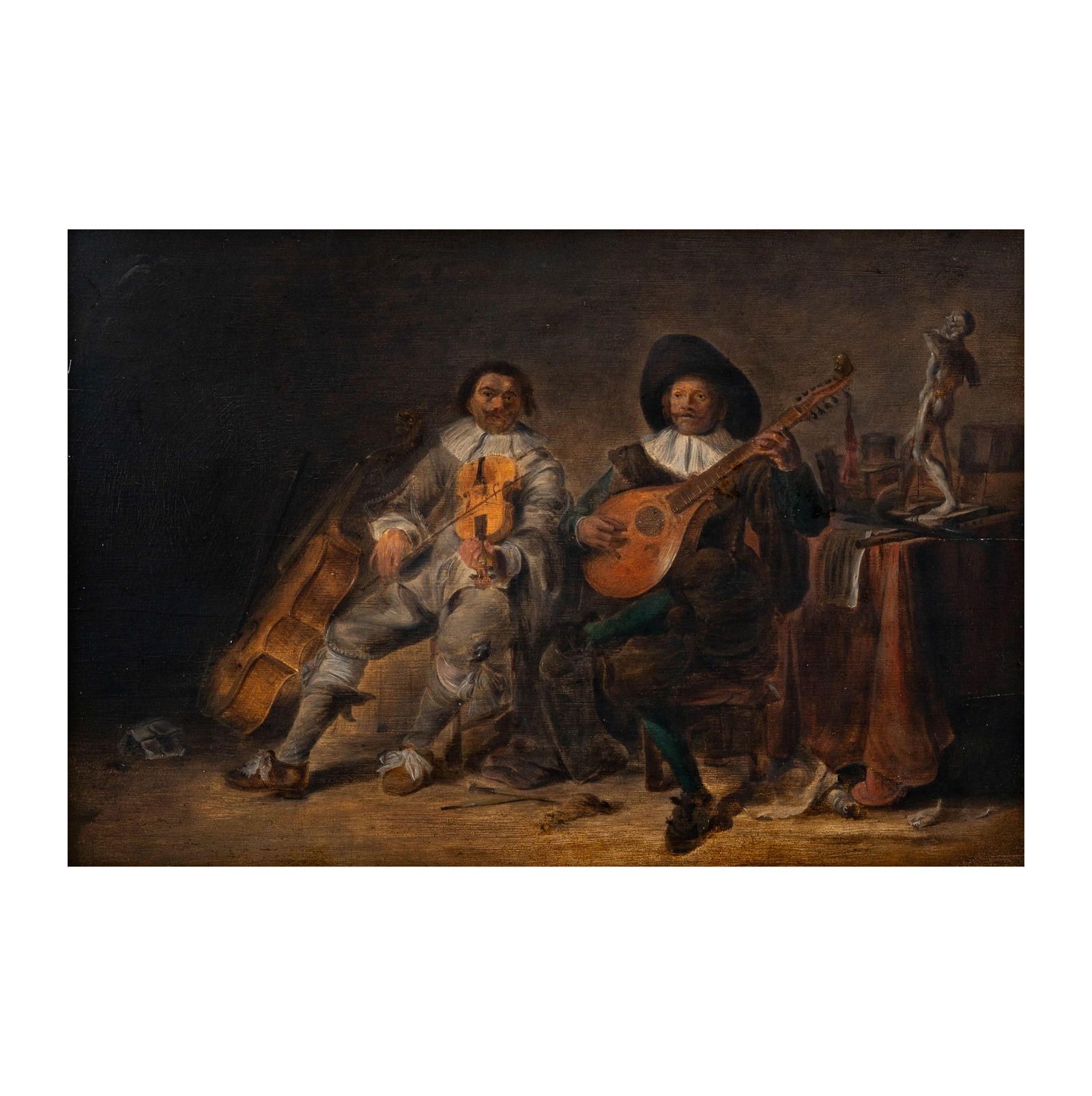 Painting of Musicians: oil on wood panel, no visible signature, 15 1/2 x 22 1/2 in. frame: 21 x 28 1/4 in.