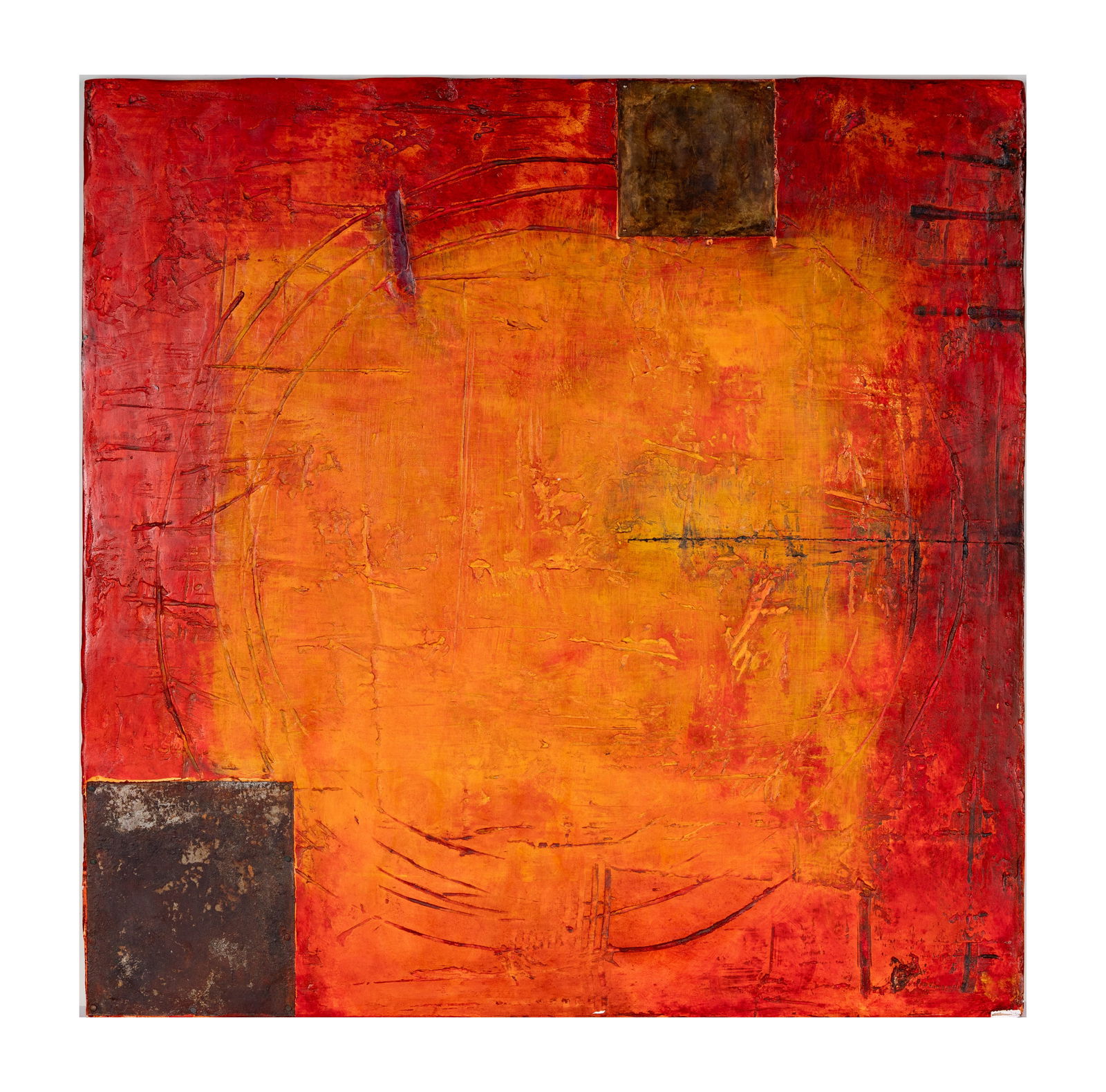 Curtis R. Olsen, Prayer for the Sun #11: acrylic with applied bronze plates on panel, 2004, signed, dated, and titled verso, 36 x 36 in.