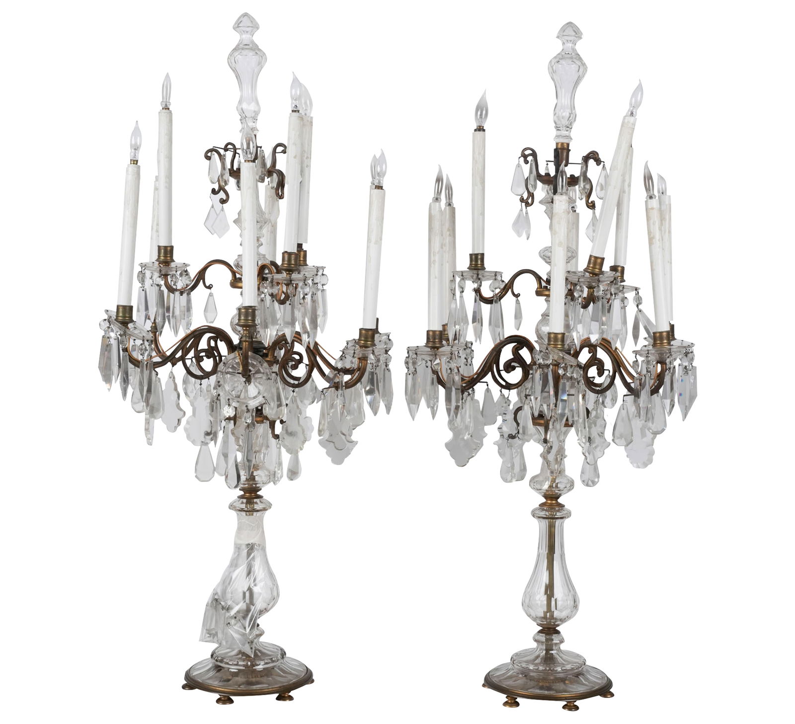 Dark Bronze and Crystal Girandoles: each with nine lights, electrified, overall: 40 1/2 x 19 in.