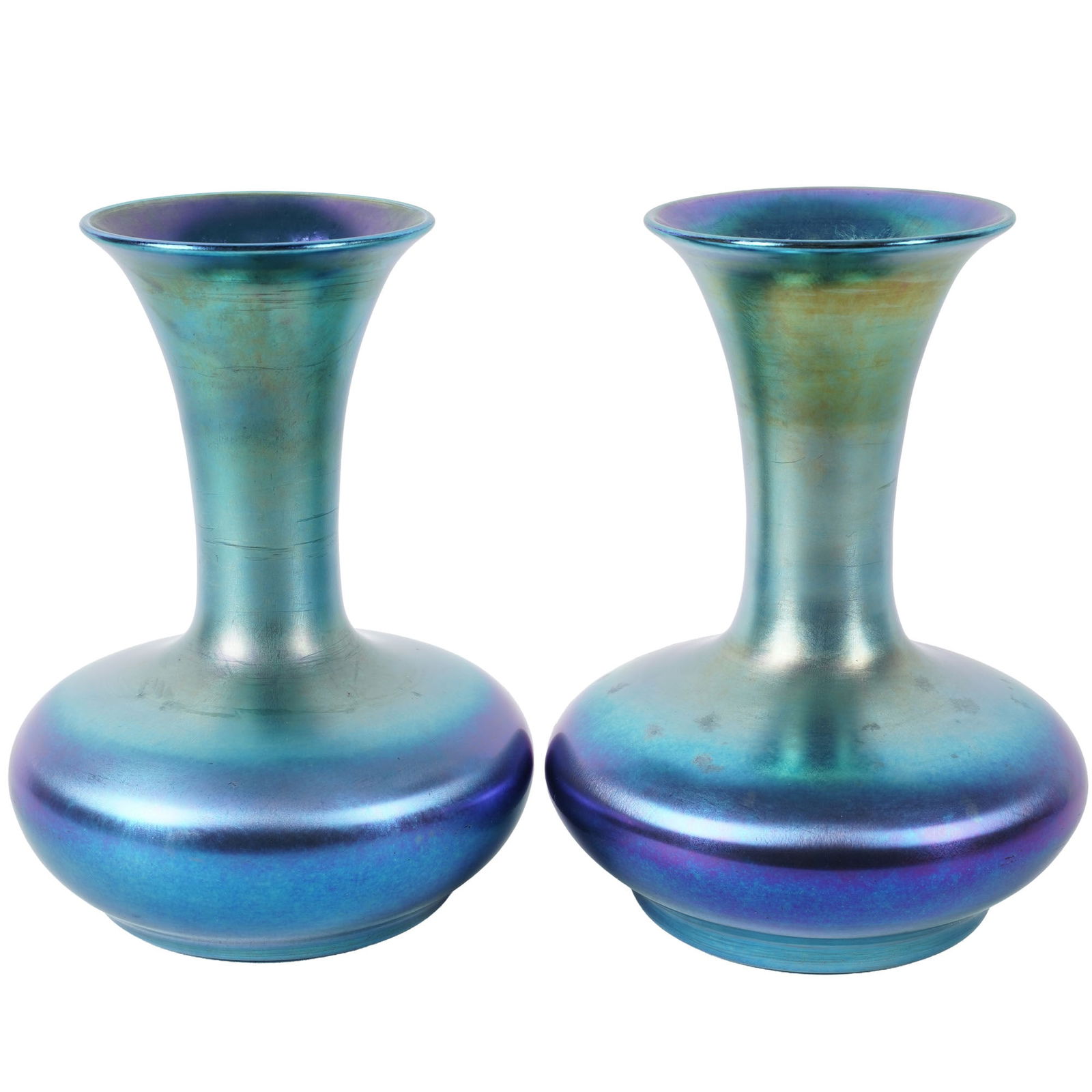 Pair of Durand Blue Lustre Vases: signed to underside, manufacturer's mark and number to underside "Durand 1990 - 10", each: 9 1/2 x 7