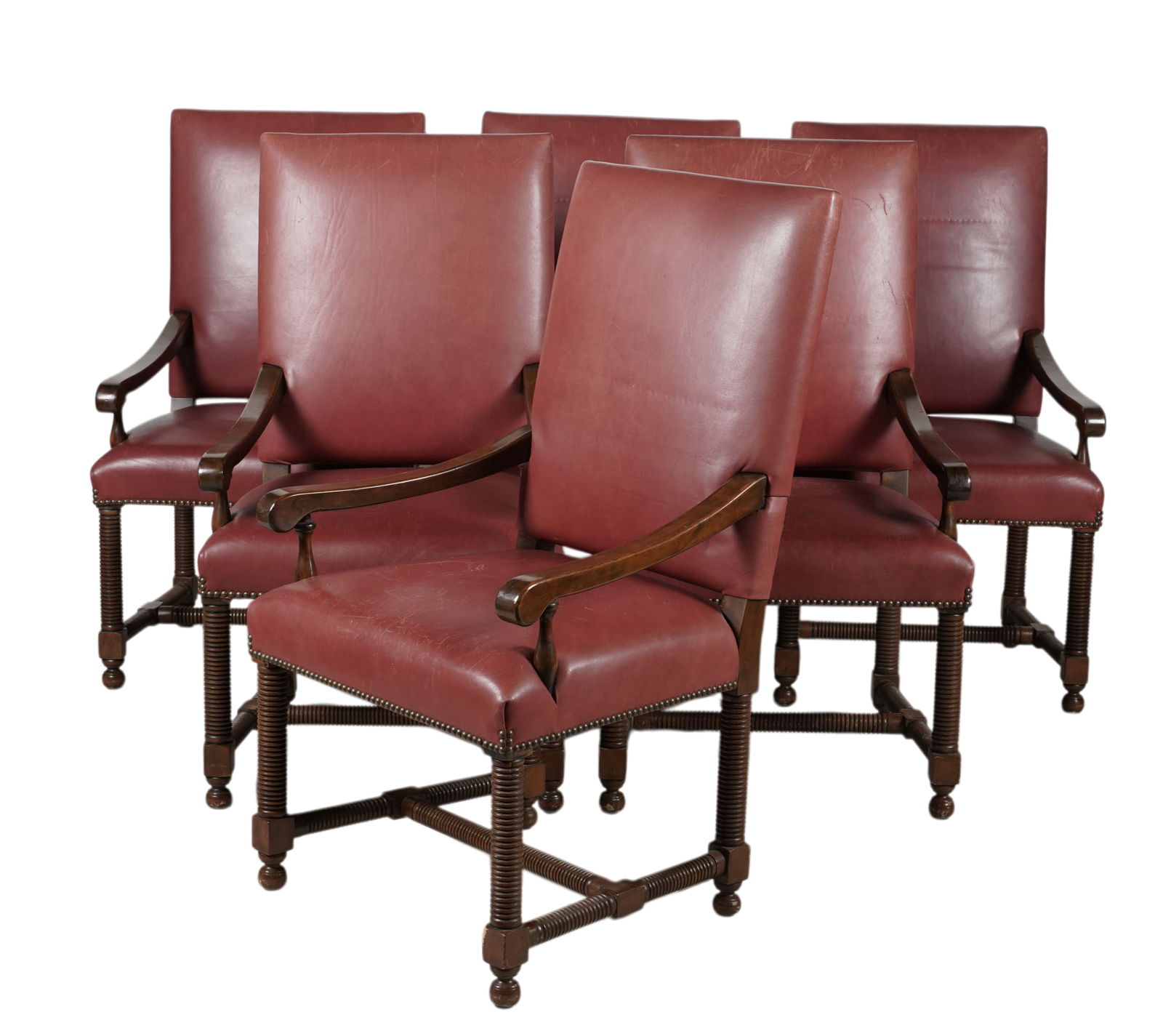 Six Turned Wood and Leather Upholstered Armchairs: 43 1/4 x 25 x 24 in., seat height: 20 in.