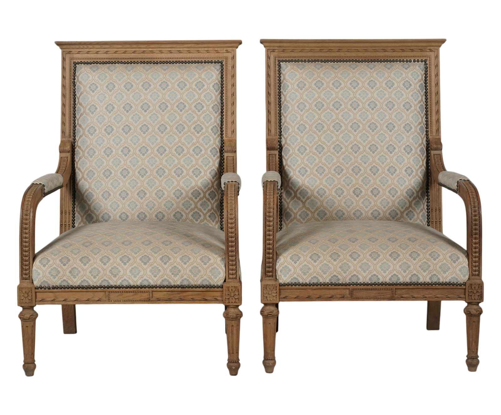 Pair of Louis XVI-Style Bleached Wood Fauteuils: each with upholstery, 41 x 27 x 28 in., seat height: 15 in.