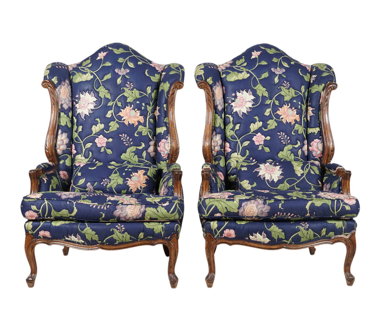 Pair of Provincial Style Wing Back Chairs: unmarked, 48 x 31 x 27 1/2 in., seat height 17 in.