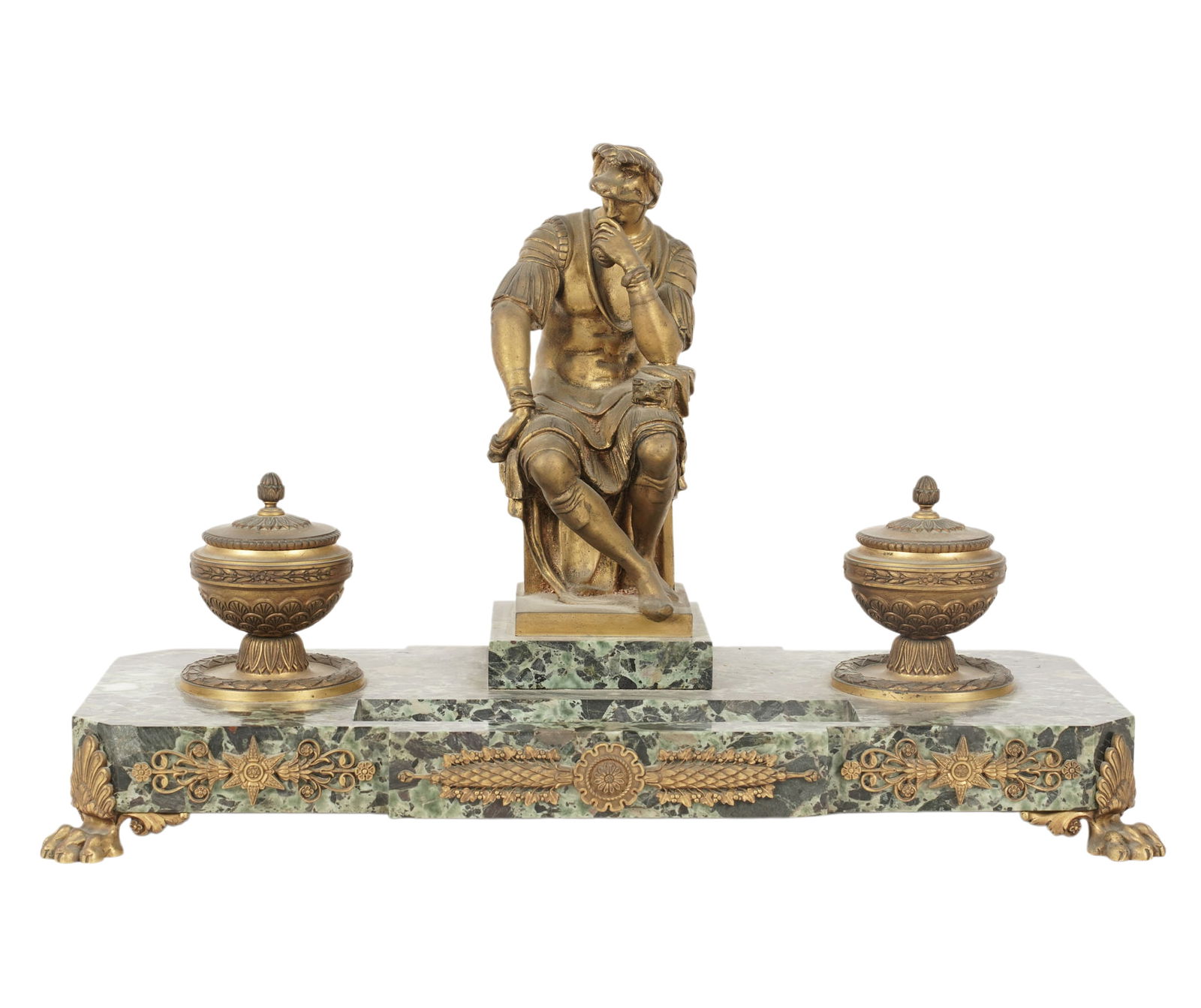 Gilt Bronze and Marble Figural Inkwell: signed F. Barbedienne, Fondeur Paris, 13 x 20 1/2 x 8 1/3 in.
