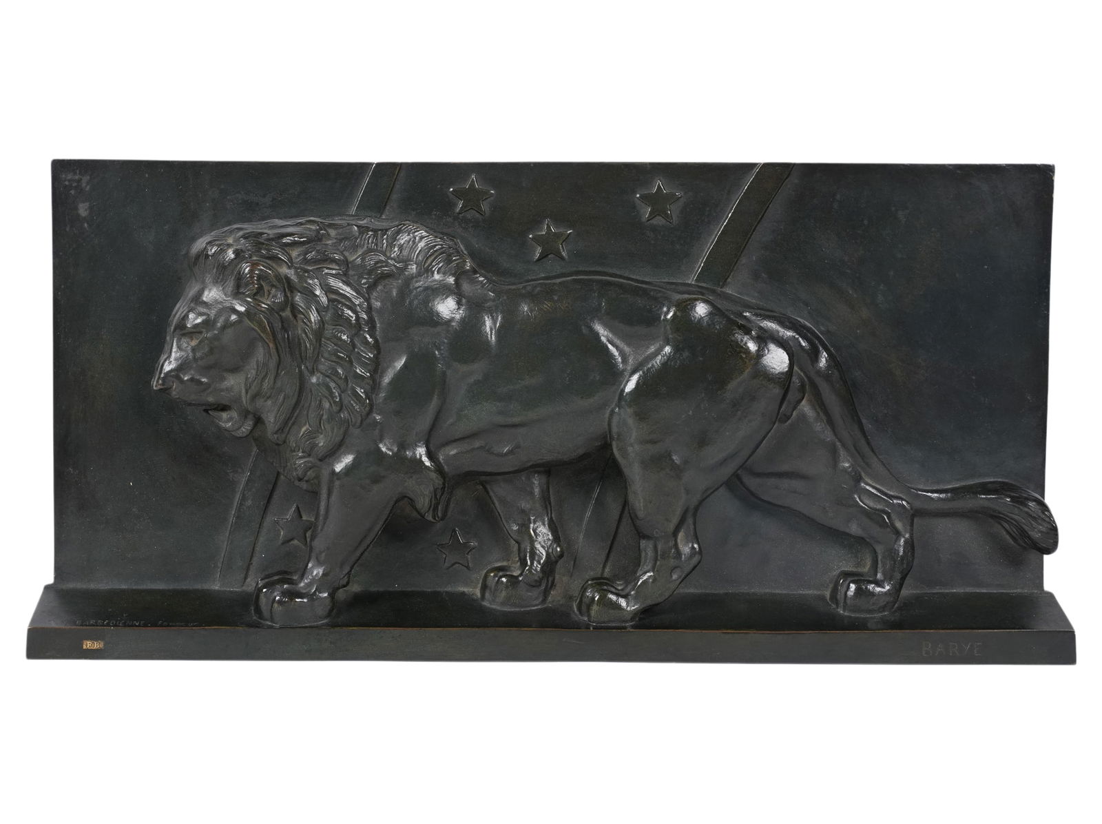 After Antoine-Louis Barye, Lion of the July Column: bronze, signed, 10 1/2 x 21 3/4 x 2 in.