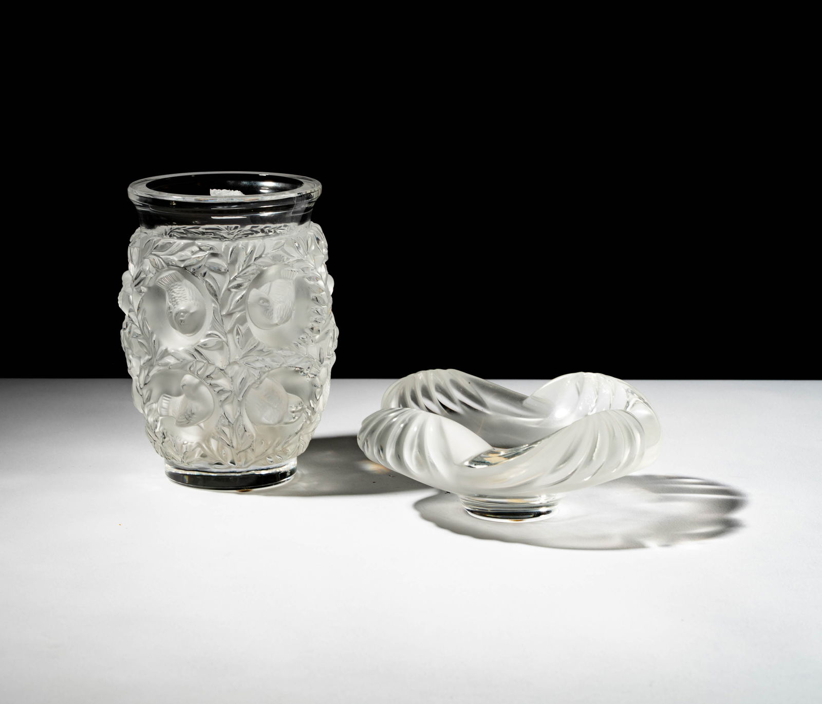 Lalique Bagatelle Vase and Frosted Low Bowl: each signed, vase: 6 3/4 x 5 in., bowl: 2 3/4 x 7 in.