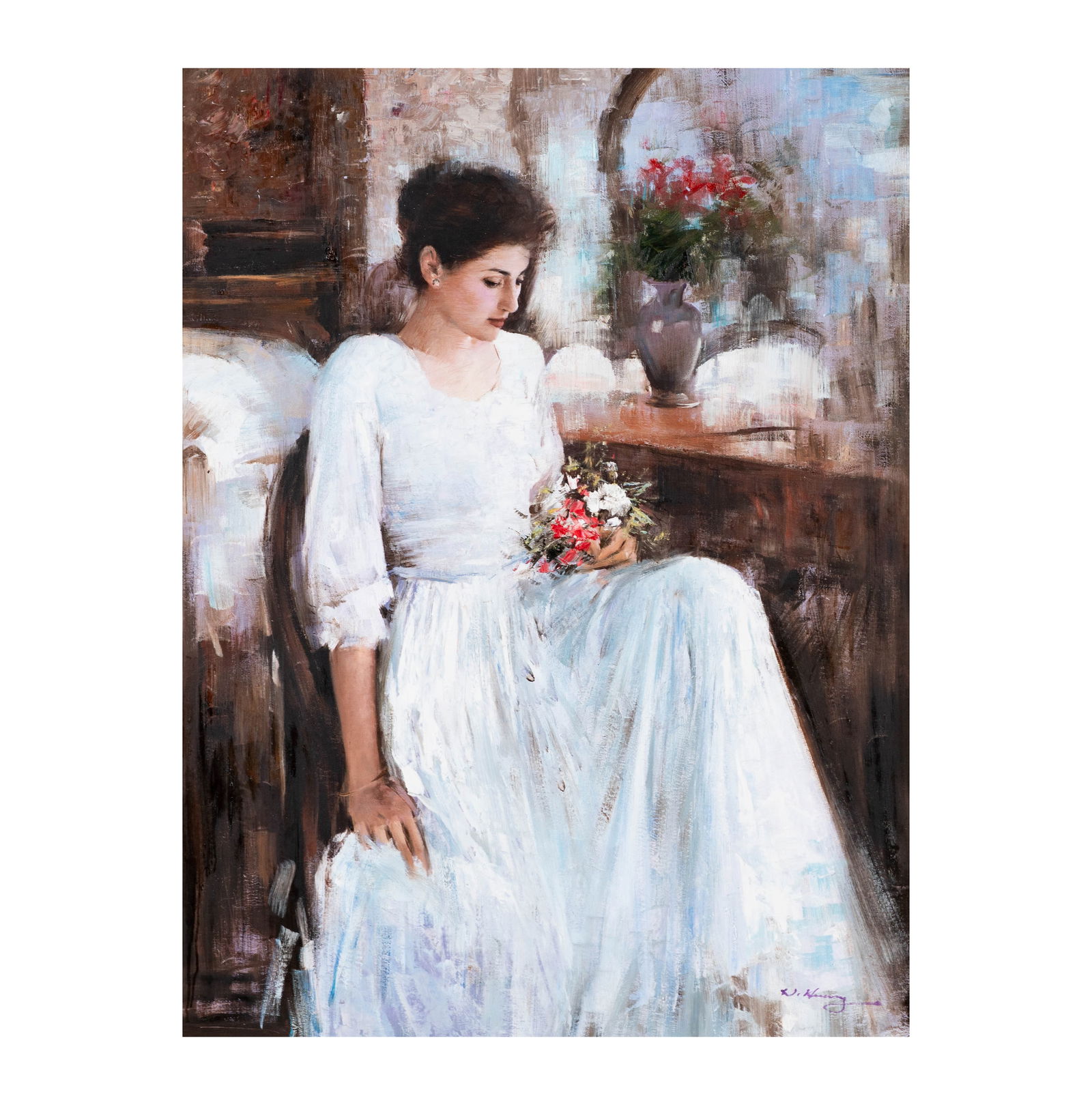 Late 20th Century, Seated Woman with Flowers: oil on canvas, signed lower right, 40 x 30 in., Frame: 50 1/2 x 40 1/2 in.