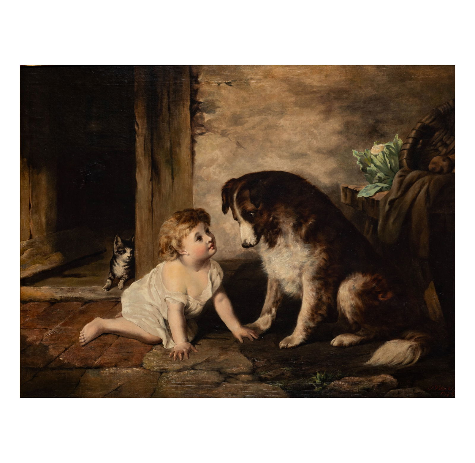 Painting of Dog and Child: oil on canvas relined, signed lower right, 34 x 45 in., frame: 39 x 48 3/4 in.
