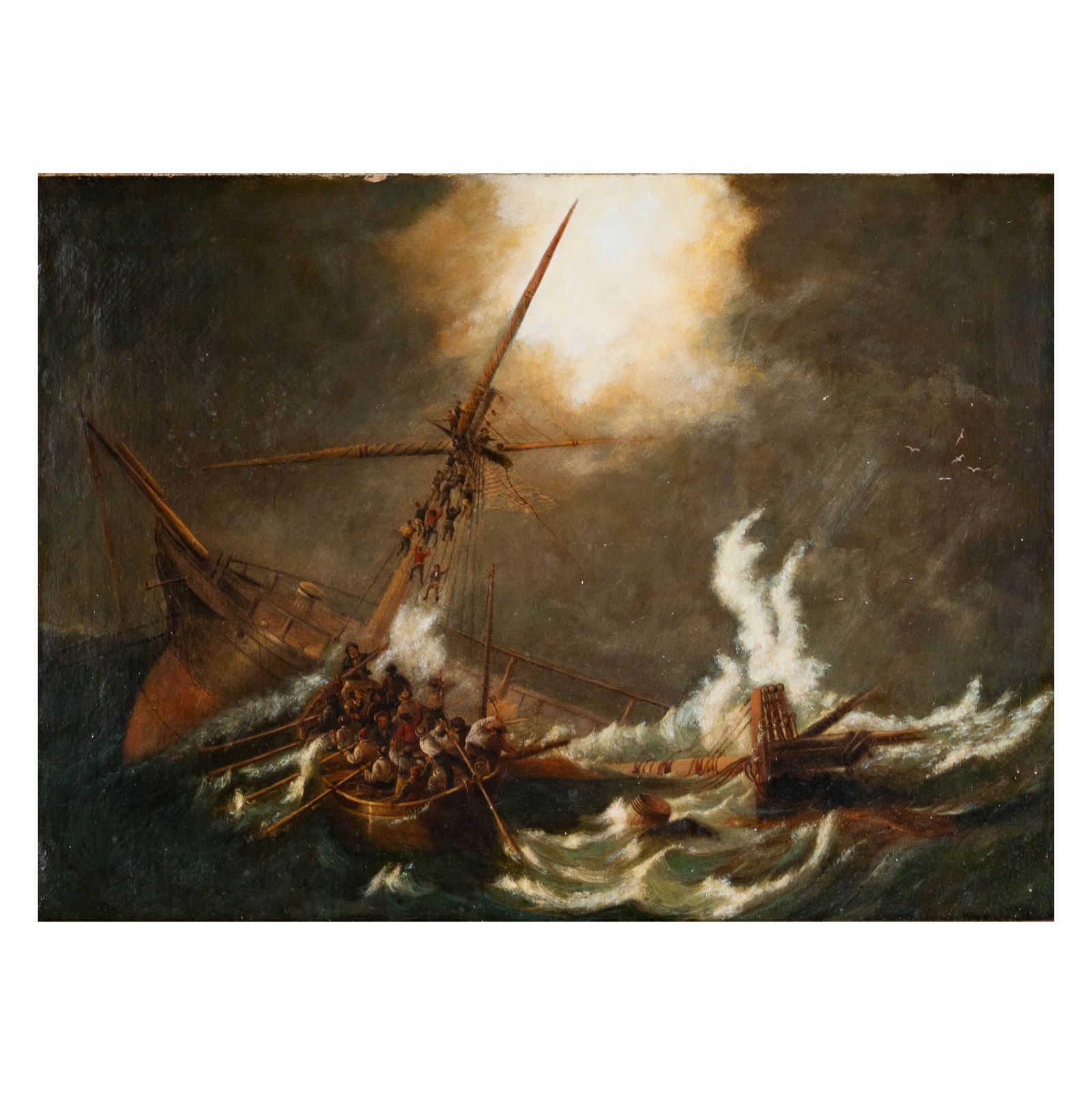 Shipwreck Scene: oil on canvas, relined, no visible signature, canvas: 21 x 29 in., frame: 27 1/2 x 35 in.