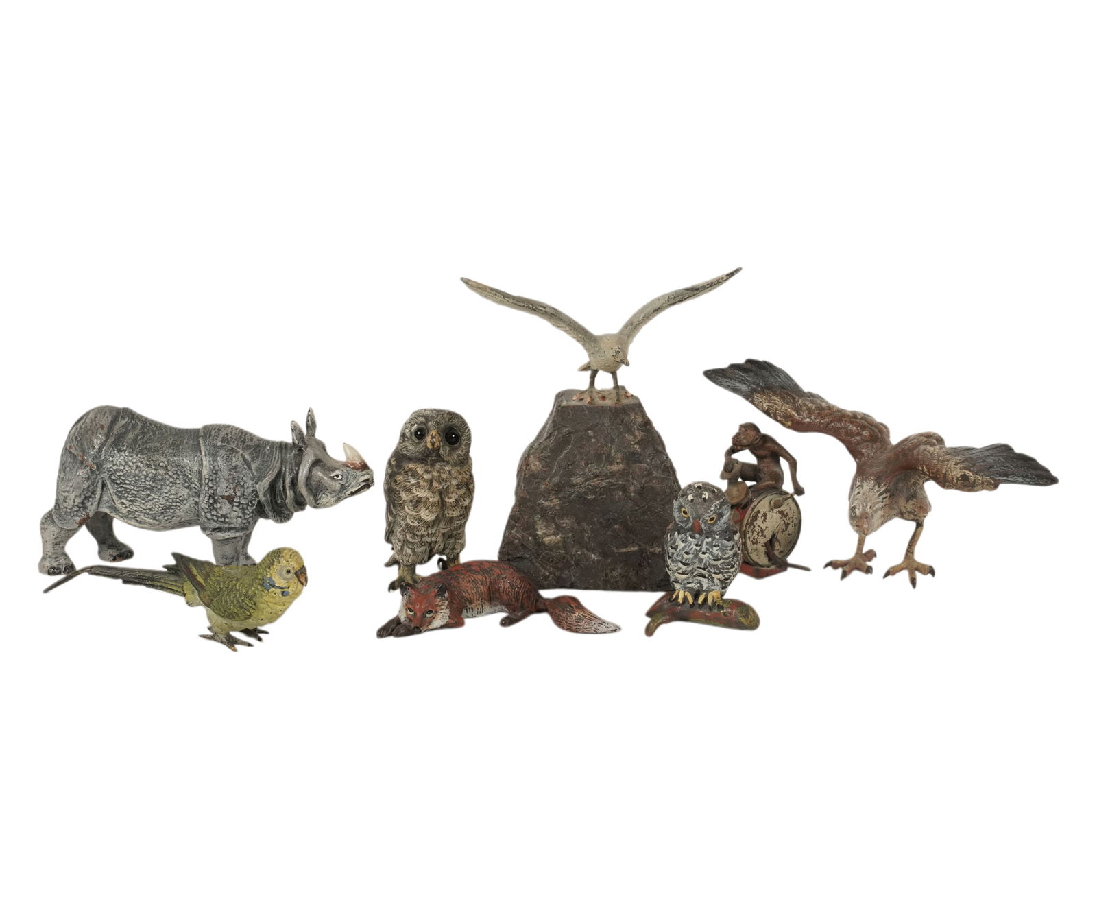 Group of Eight Miniature Painted Bronze Animals: tallest: 4 1/2 x 4 in.