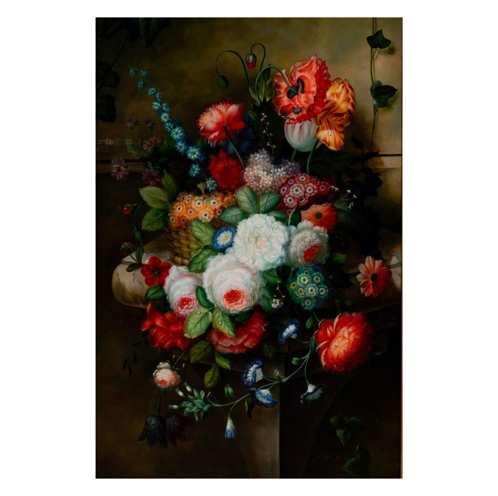 Still Life of Flowers: oil on canvas, signed lower right, 36 x 24 in., Frame: 44 3/4 x 32 3/4 in.