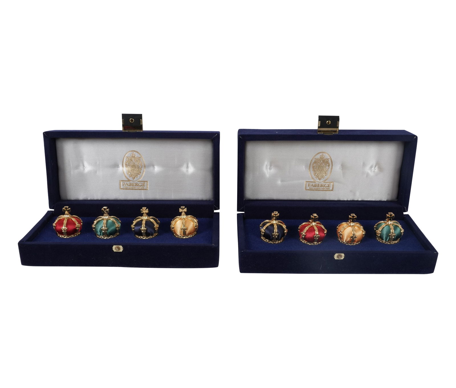 Two Sets of Faberge Crown Place Card Holders: each set in box, each crown: 1 1/2 x 1 1/4 in.