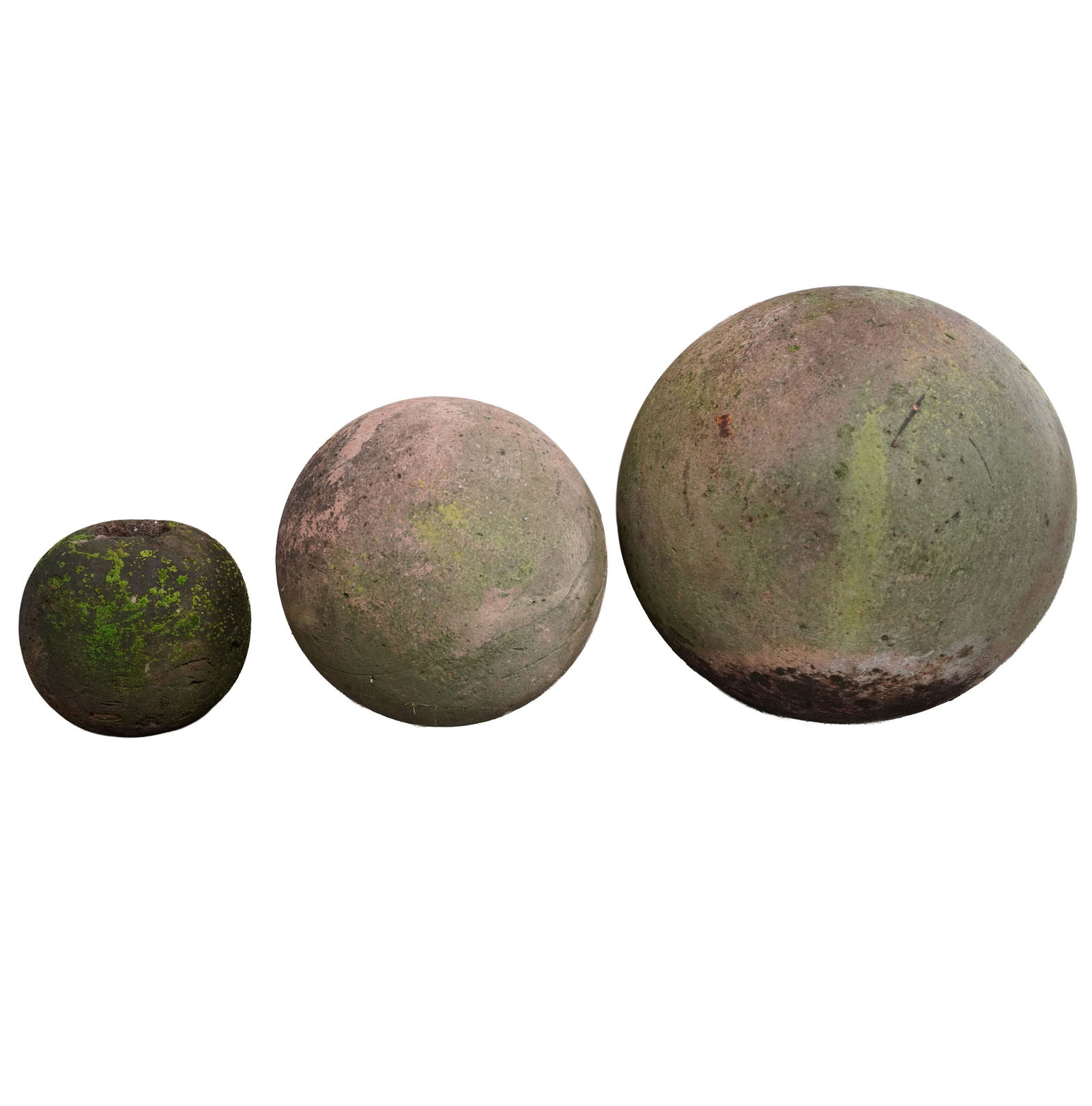 Three Stone Graduated Garden Spheres: largest: 24 in. c., smallest: 11 in. c.