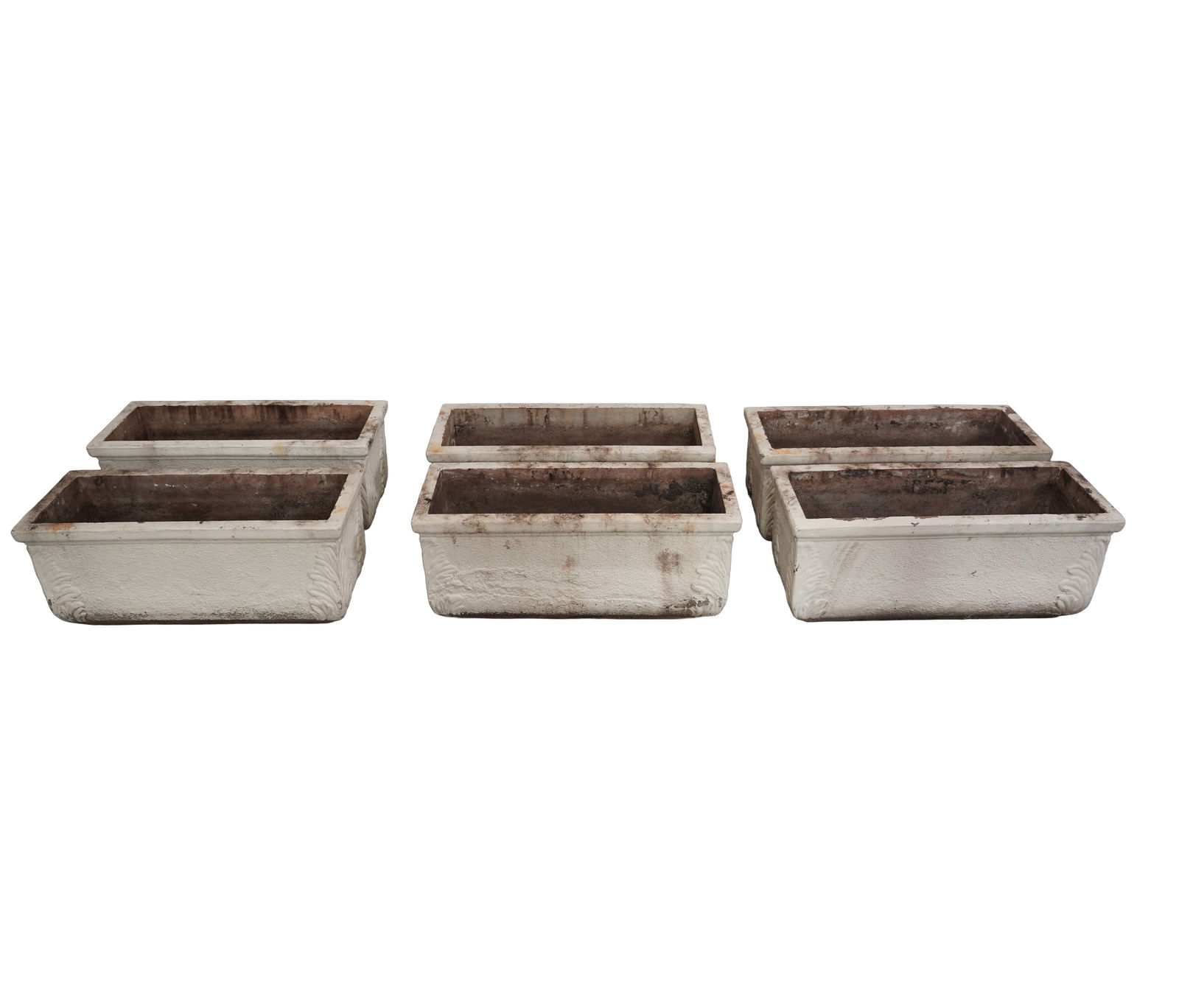 Six Long Stone Garden Planters: with acanthus detail, 16 x 38 x 15 in.