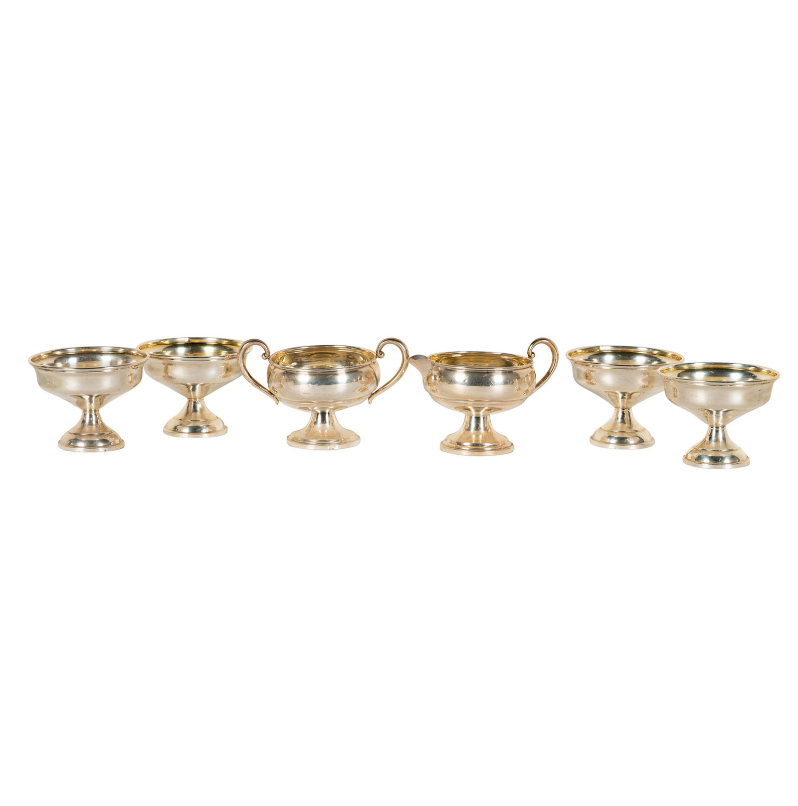 Group of Six Pieces of Weighted Sterling: assorted, including creamer, sugar and four sherbet cups, sherbet: 3 x 3 3/4 in., creamer: 3 1/2 x 5 x 3 3/4 in.