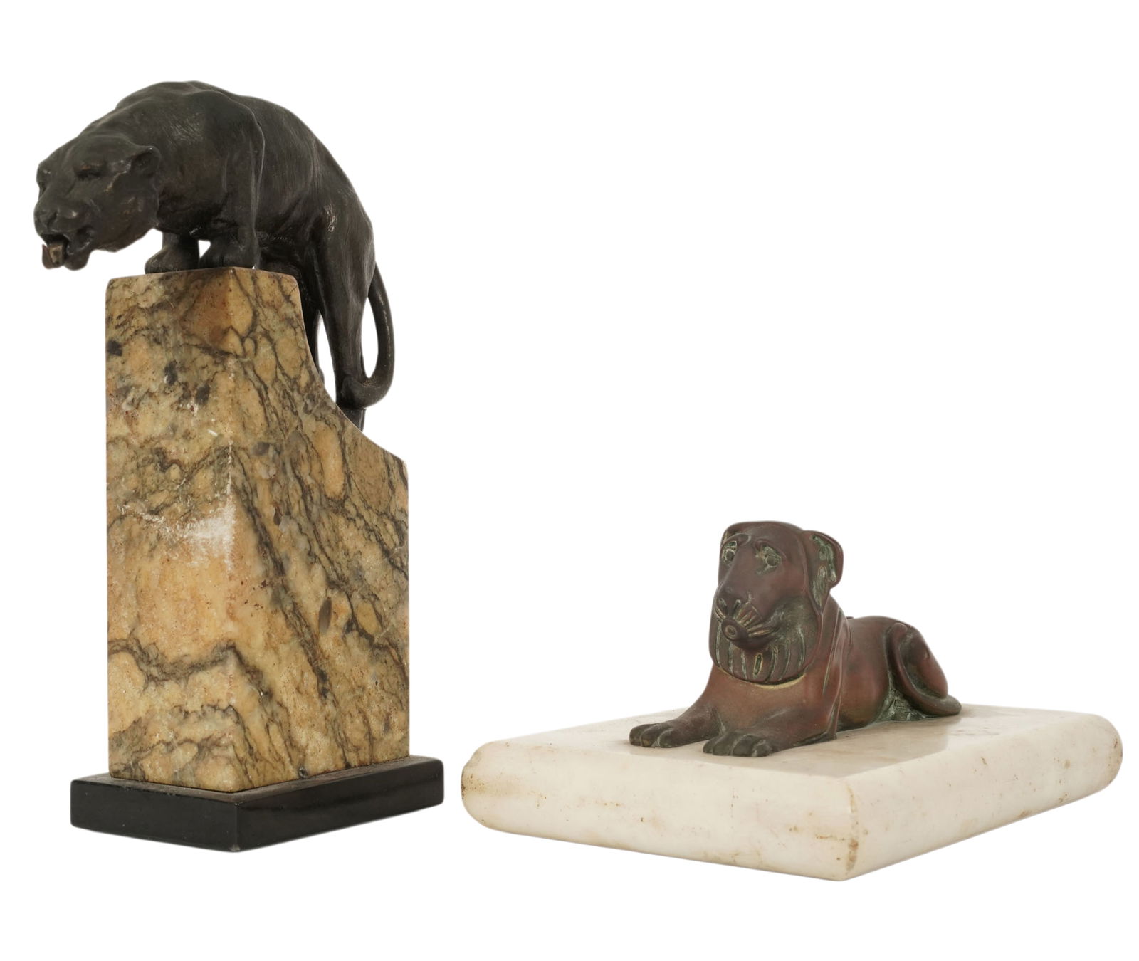 Two Bronze and Marble Lion Sculptures: tallest: 7 1/4 in.