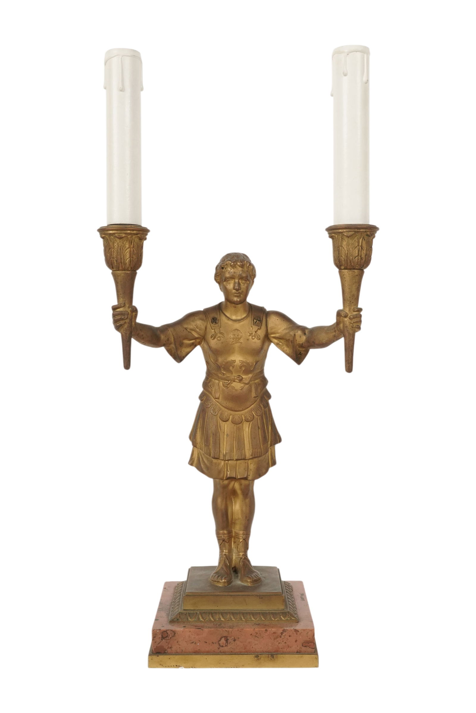 Gilt Bronze and Marble Two-Light Figural Table Lamp: appears to be wired for electrification, overall: 18 1/4 x 8 1/4 x 5 in.