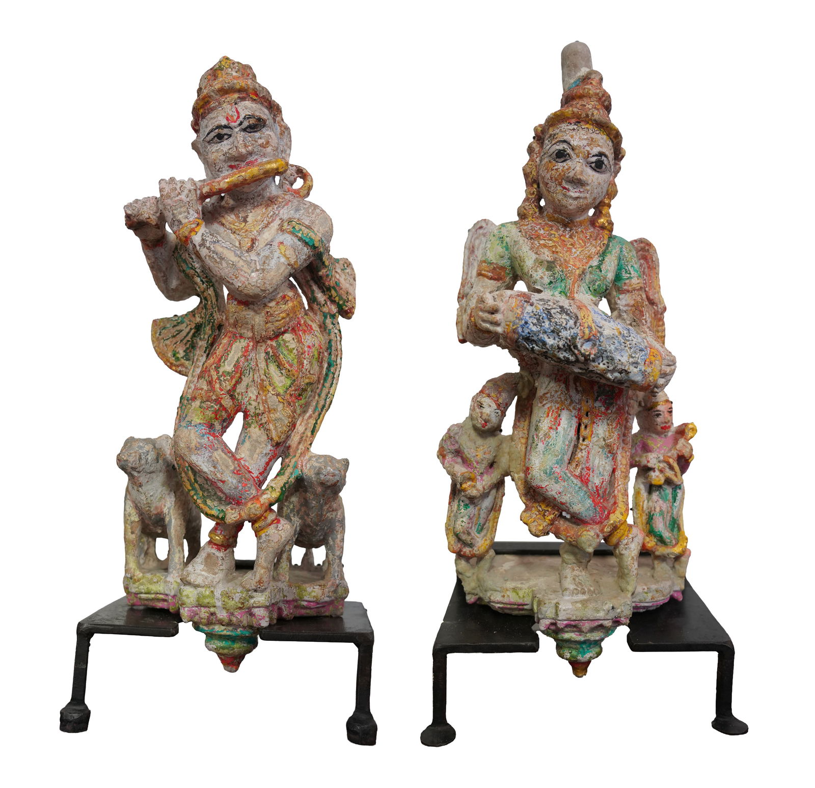 Pair of Indian Pottery Figures on Metal Stands: 21 1/2 x 9 3/4 x 6 1/2 in.