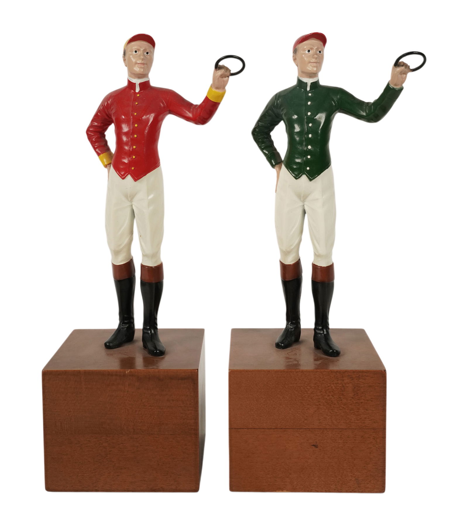 Pair of Painted Metal Jockey Figures: jockey: 9 in. high, overall: 12 1/2 in. high