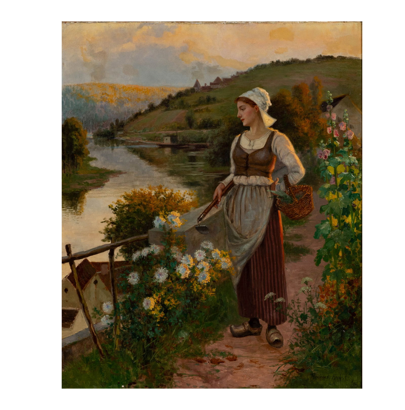 After Daniel Ridgway Knight (1839 - 1924), Flower Picker: oil on canvas, signed lower right, 28 1/2 x 24 in., Frame: 43 x 37 in.