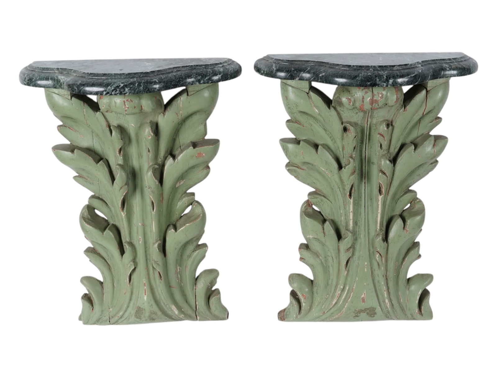 A Pair of Painted Wood and Marble Top Consoles: overall: 23 3/4 x 17 x 7 in.