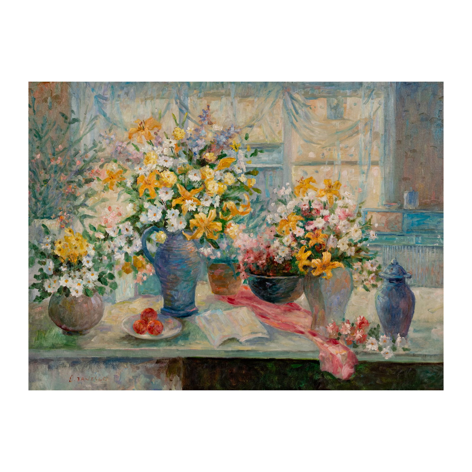 Late 20th Century, Still Life: oil on canvas, signed "E. Janesco" lower left, 36 x 48 in., Frame: 45 3/4 x 57 3/4 in.