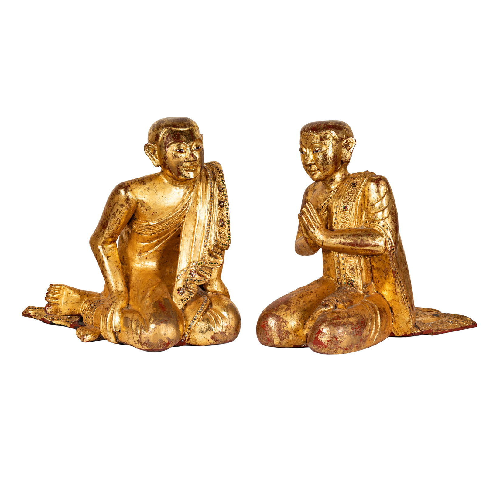 Pair of Giltwood Southeast Asian Attendants: jeweled, 19 x 18 x 15 in.
