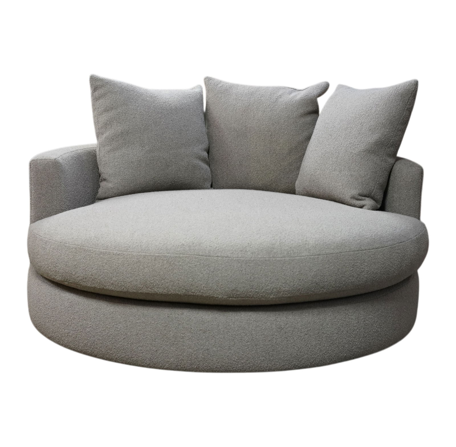 Adriana Hoyos Contemporary Round Oversized Chair: swivels, includes throw pillows, with a label to underside 25 1/2 x 60 x 60 in., seat height: 19 in.