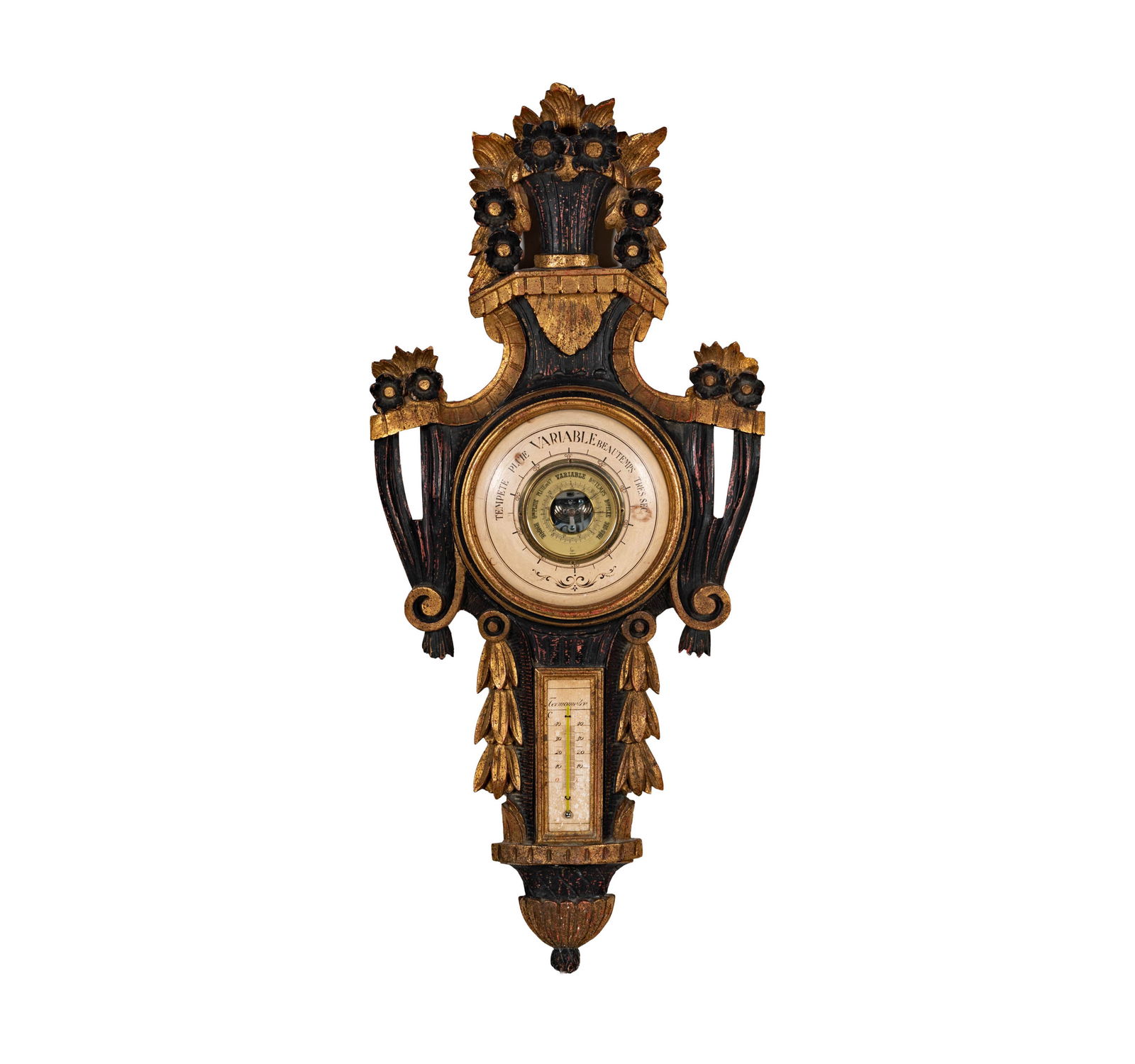 An Italian Painted and Parcel Gilt Barometer: An Italian Painted and Parcel Gilt Barometer with paper label verso 'Made in Italy', stamped in wood Made in Italy 38 x 17 in. (96.5 x 43.2 cm.) Provenance: The Beverly Hills estate of a distinguished