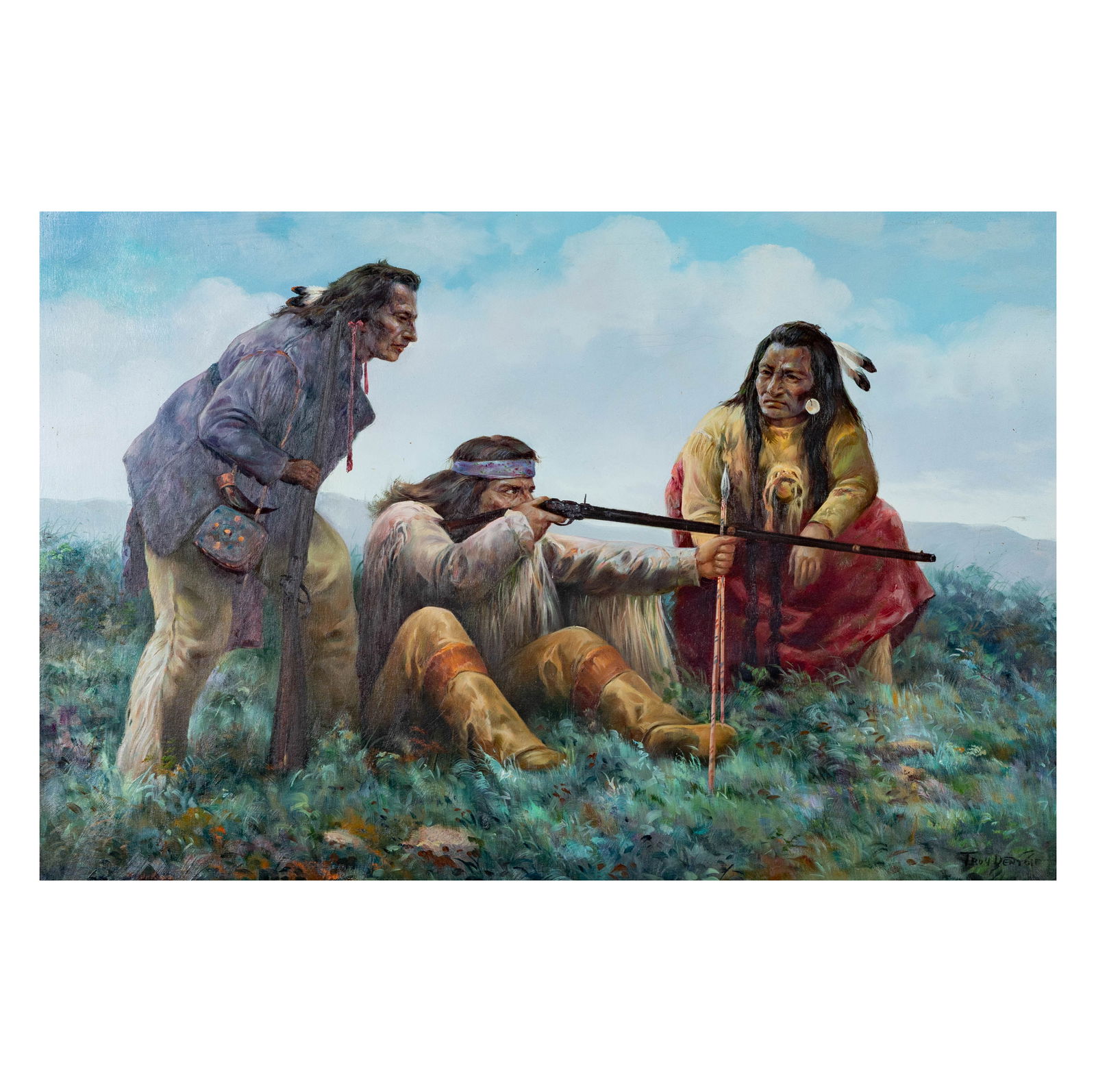 Troy Denton (Born 1949), Three Native Americans: oil on canvas, signed lower right, 24 x 36 in. frame: 31 1/2 x 43 1/2 in.