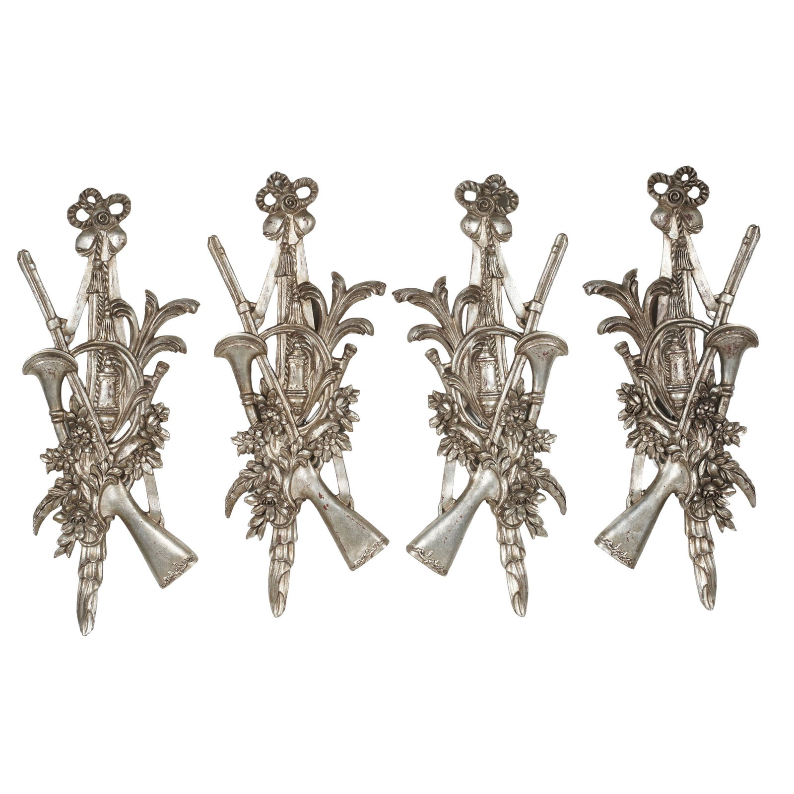 A Set of Four Italian Carved and Silver Gilt Wall Trophies: 43 x 18 in.