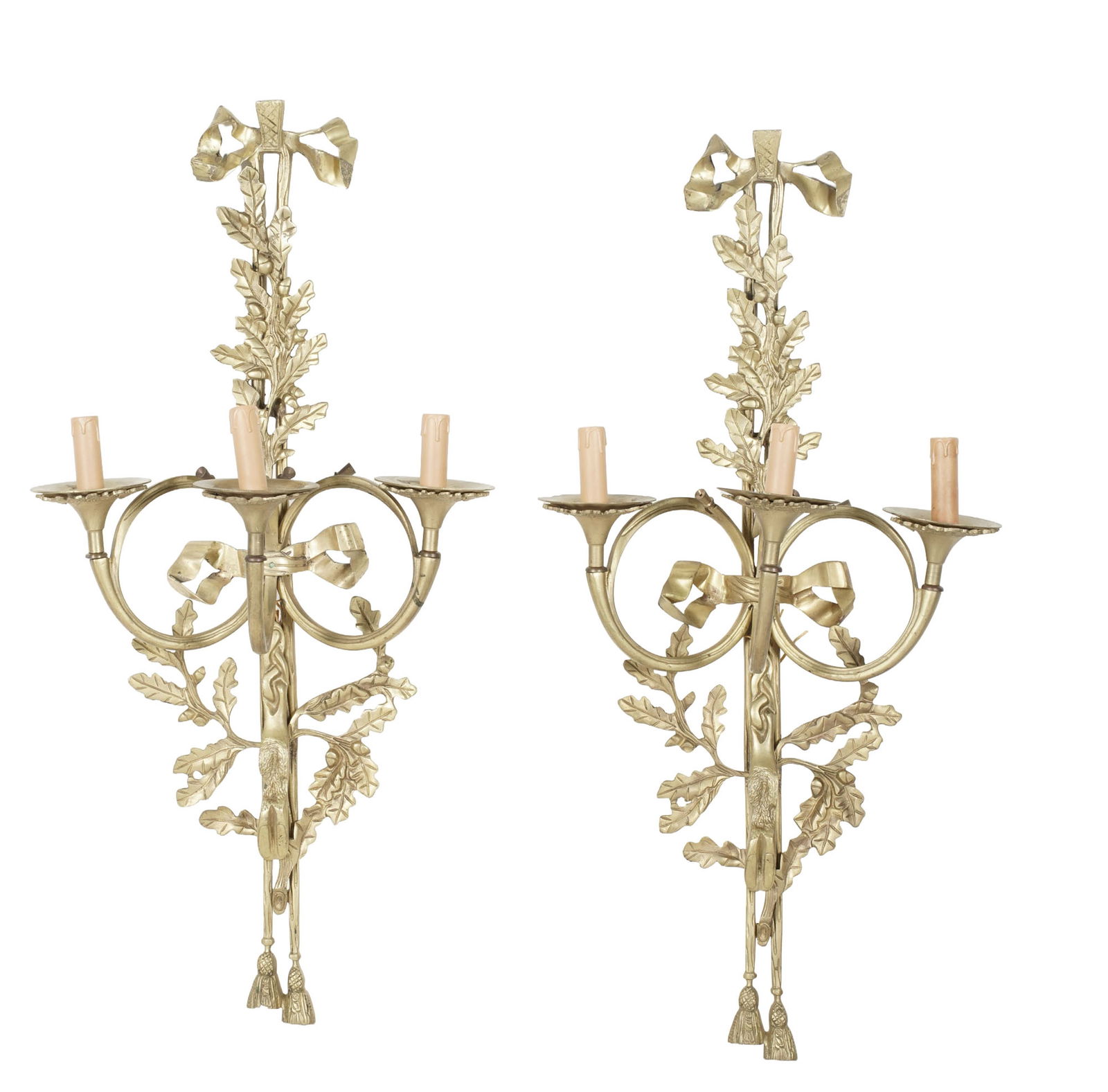 A Pair of French Dore Bronze Trumpet Shape Sconces: 36 x 17 x 10 in,