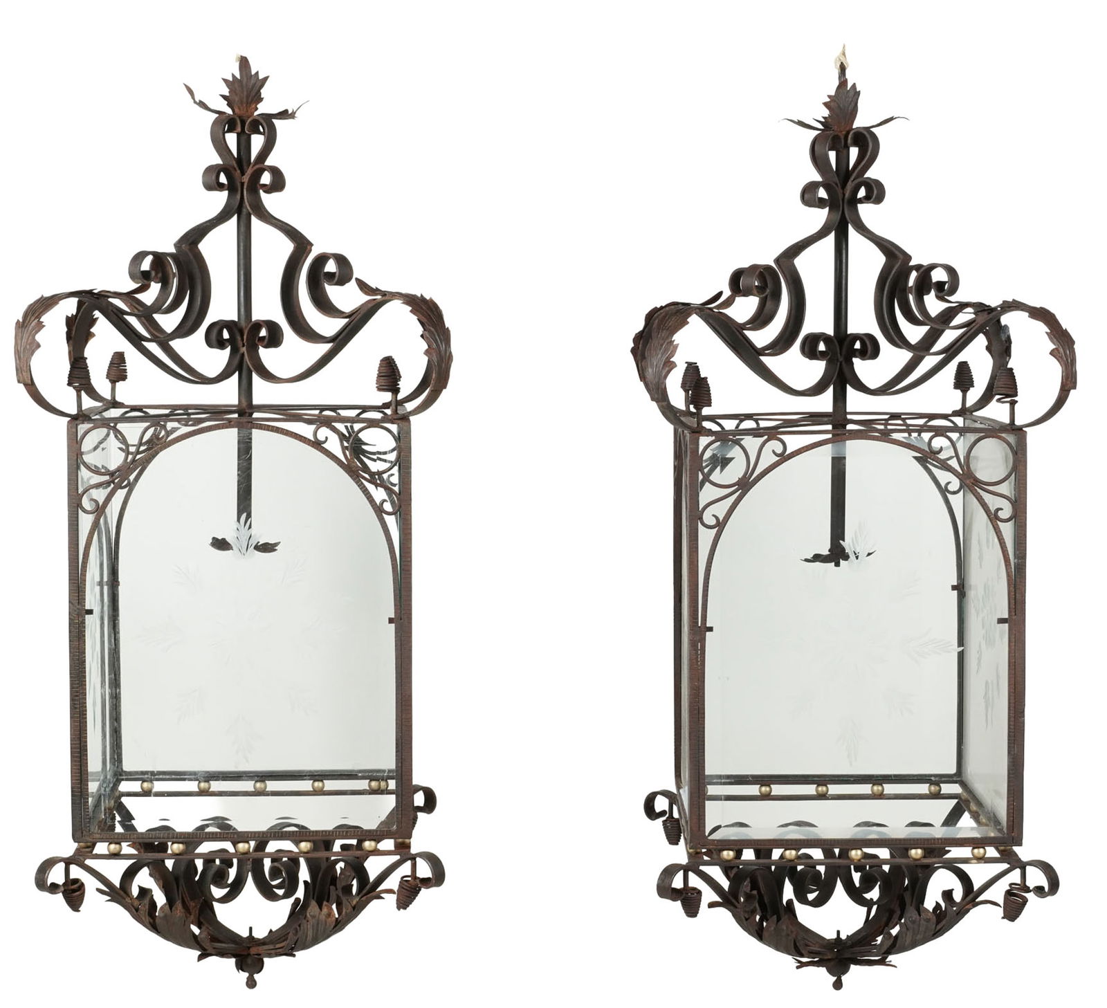 A Pair of Spanish Renaissance Style Wrought Iron and Tole Square Lanterns: 56 x 22 x 22 in.