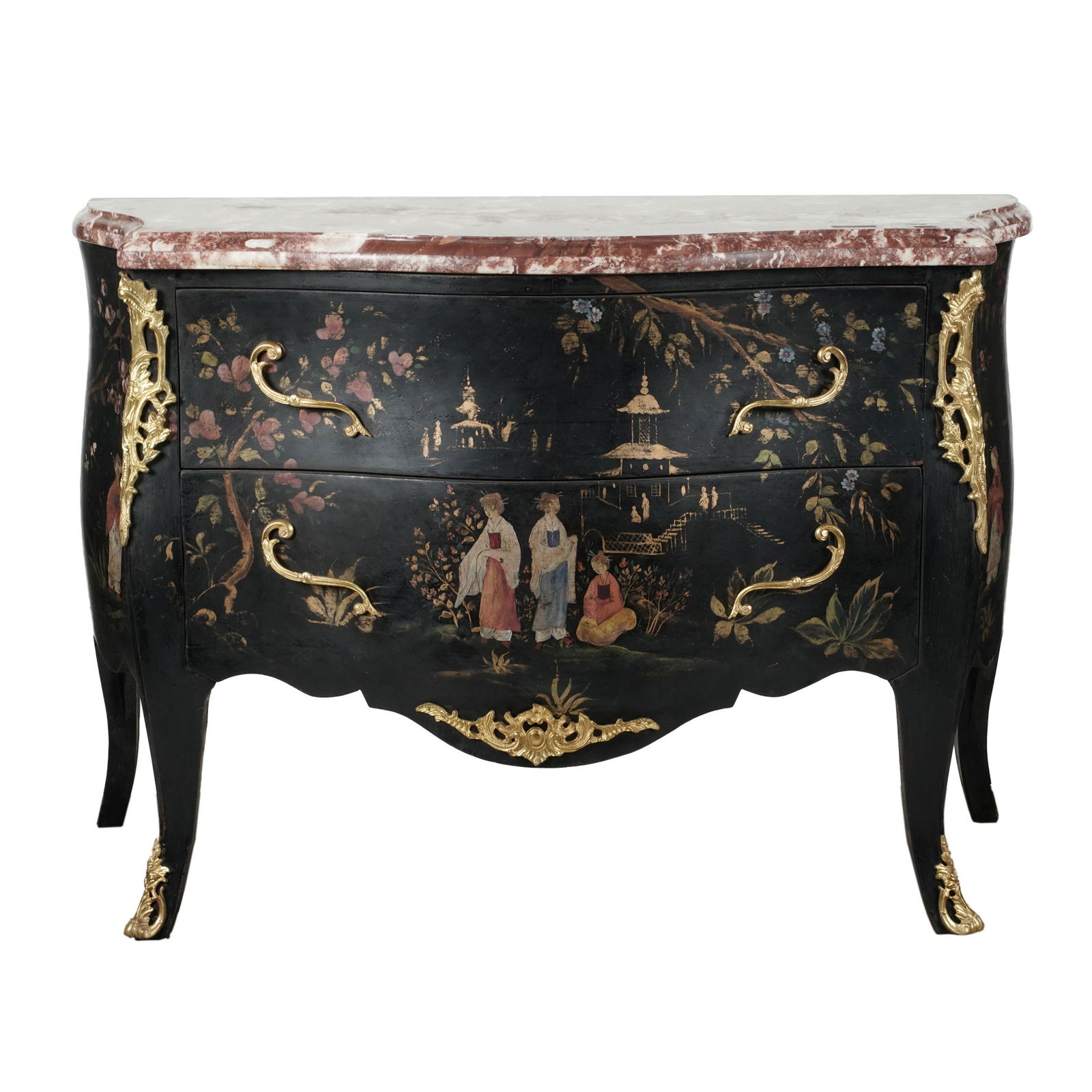 Louis XV Style Chinoiserie Marble Top Commode: with dore bronze mounts, 35 1/4 x 50 x 22 1/2 in.