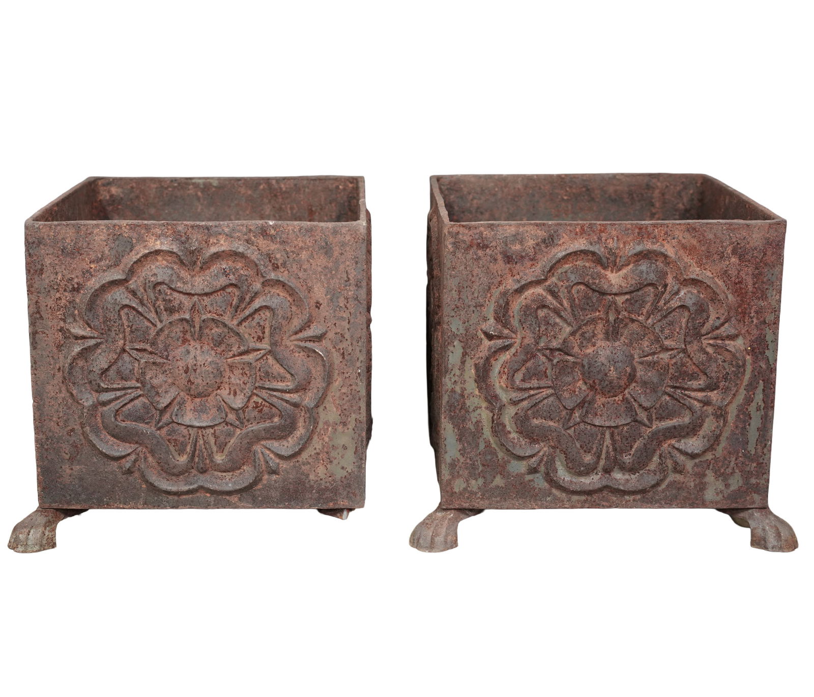 Pair of Iron Planters: with rosette decoration., 17 x 17 x 17 in.