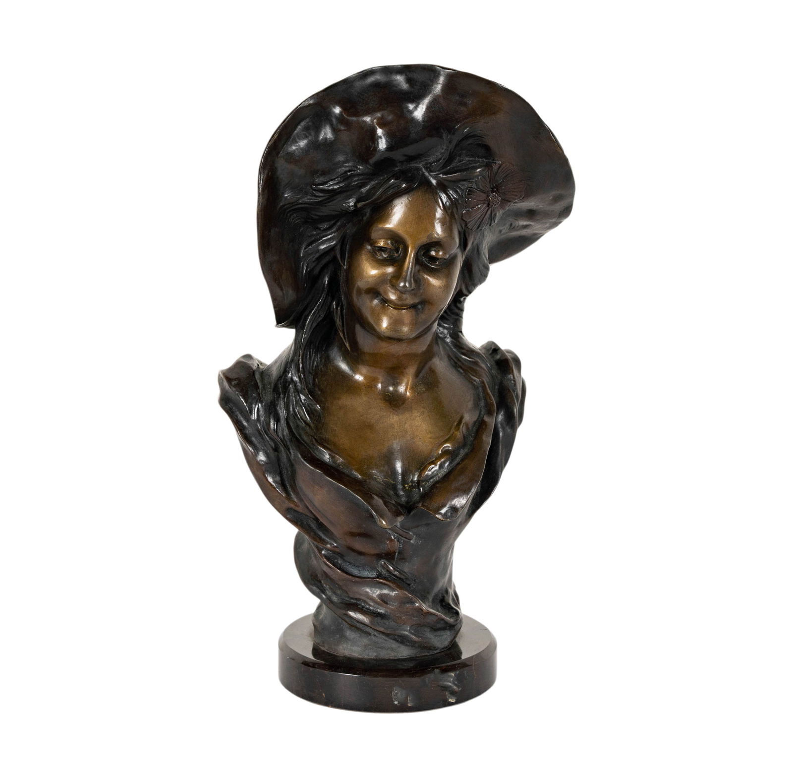 A Bronze Female Bust with Floppy Hat: signed in casting, overall 11 1/4 x 6 x 4 in.
