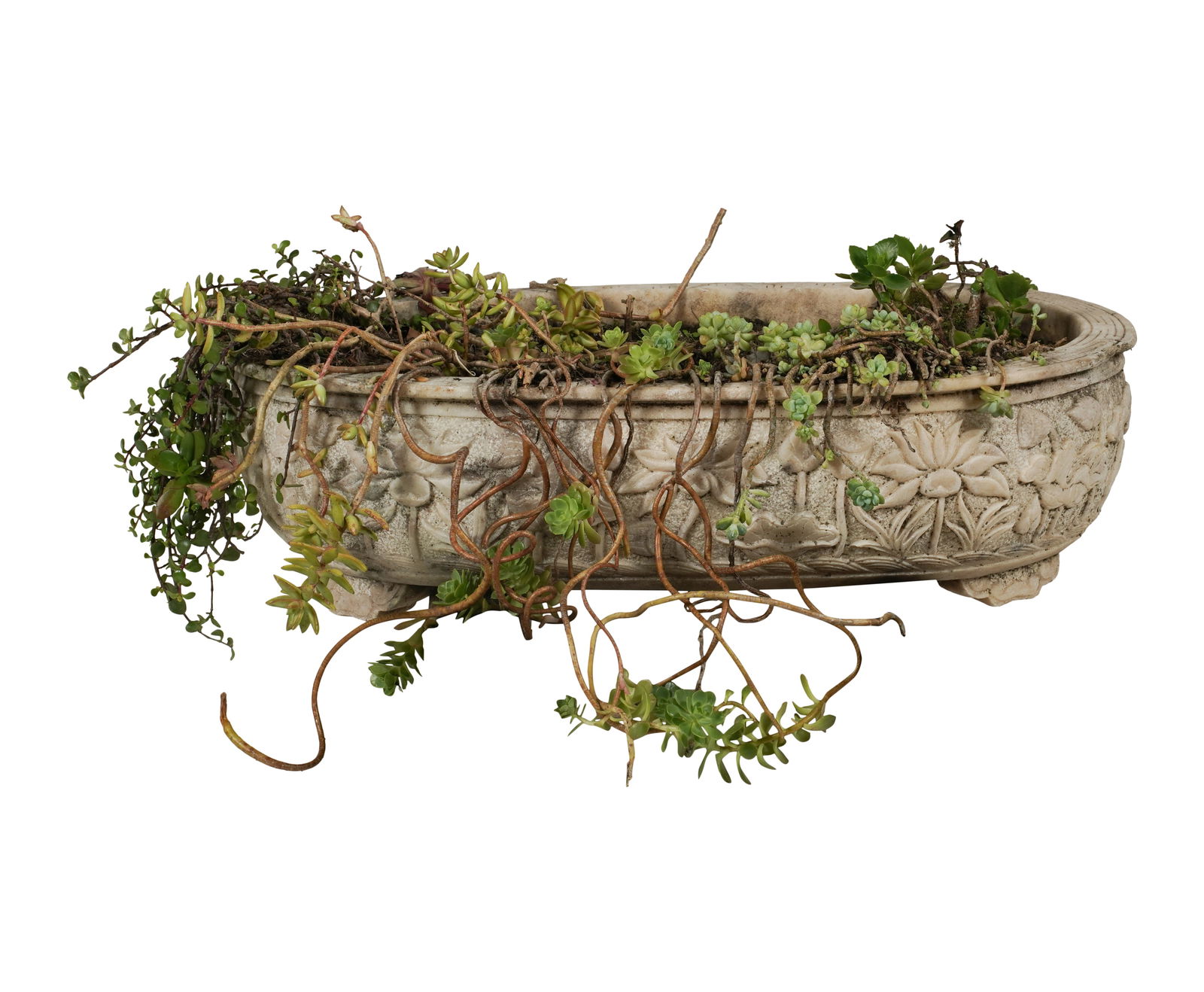 A Chinese Incised Stone Planter: oblong, on four feet 9 1/4 x 33 x 19 in. (23.5 x 83.8 x 48.3 cm.)