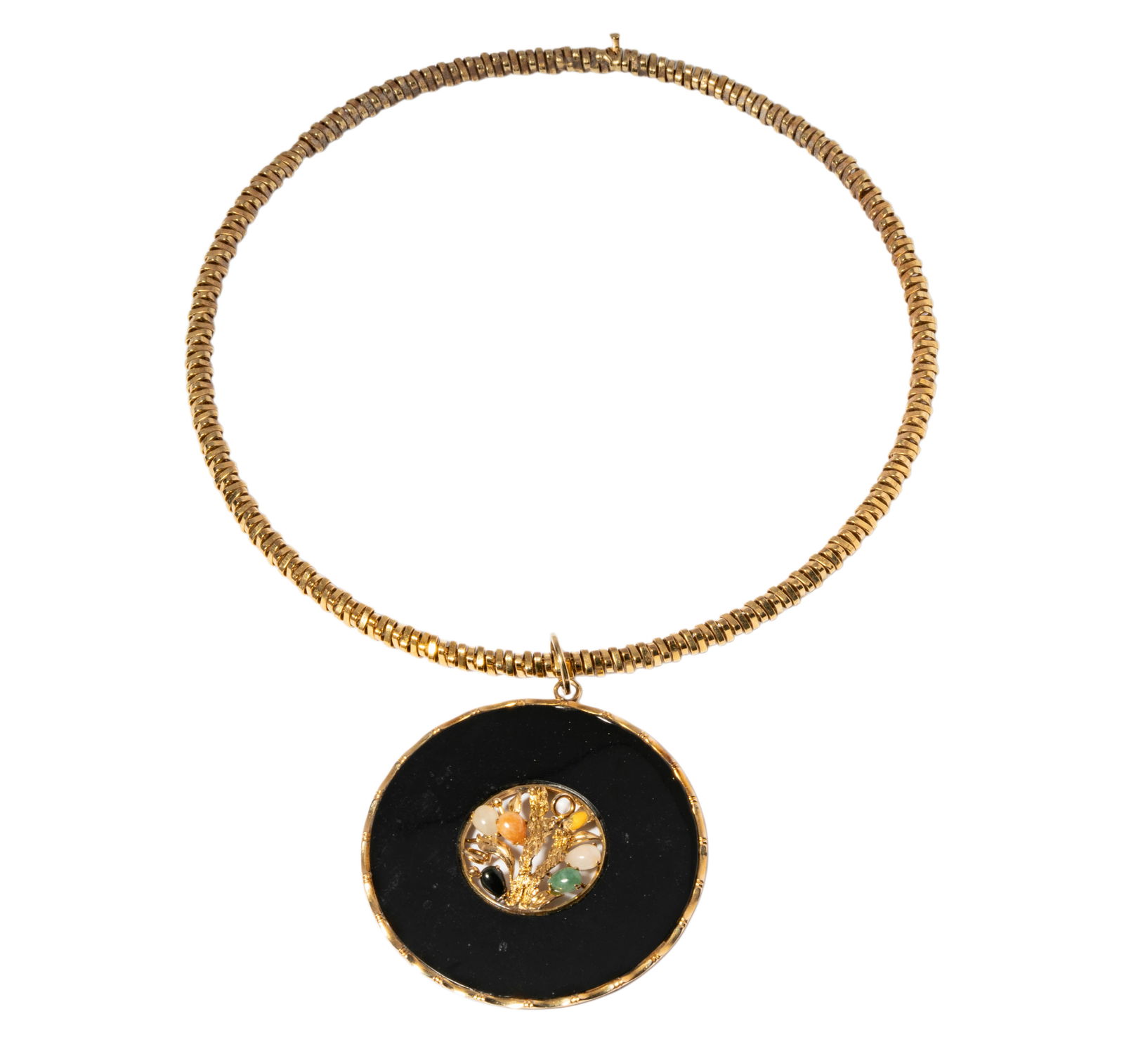14 Karat Yellow Gold, Onyx, and Multi-Color Jade Pendant Necklace: Including one chain and an onyx pendant; onyx pendant with gold frame measuring 56.50mm in diameter, chain measuring 15-1/2 inches long; chain weighing 28.7 grams, pendant weighing 15.5 grams;