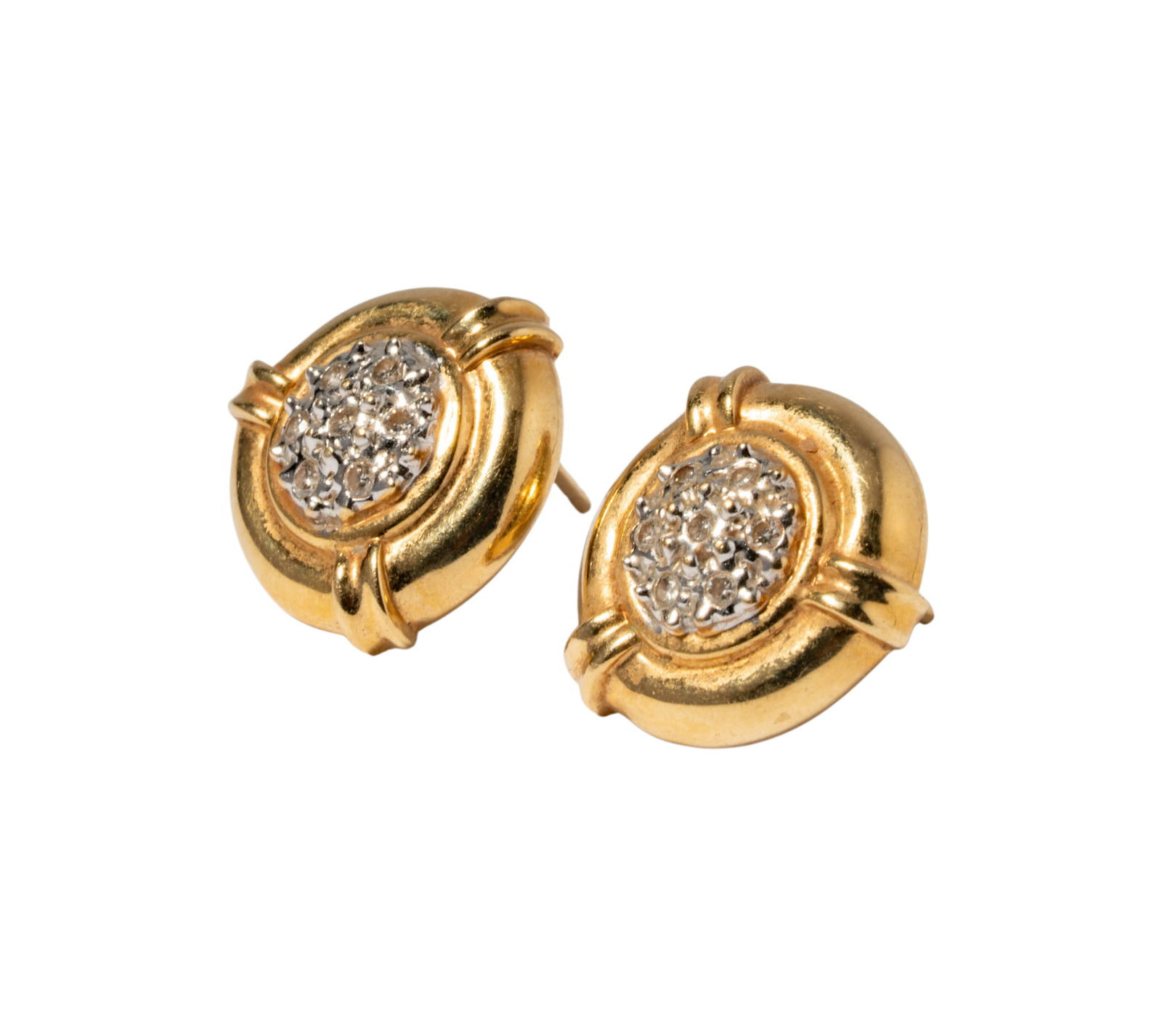 Pair of 14 Karat Yellow Gold & Diamond Earrings: Including one pair of diamond earrings set with 14 small round diamonds weighing approximately 0.10 carats; earrings measuring 14.10mm in diameter, weighing 4.4 grams;