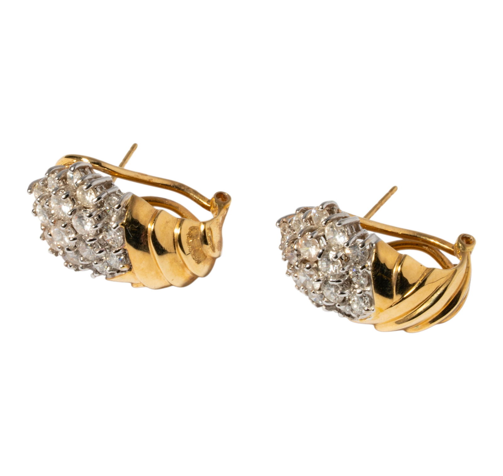 Pair of 18 Karat Yellow Gold & Diamond Earrings: Including one pair of yellow and white gold diamond earrings set with 38 small round full-cut diamonds 3.50 carats total; measuring 23.45mm tall, weighing 13.4 grams;