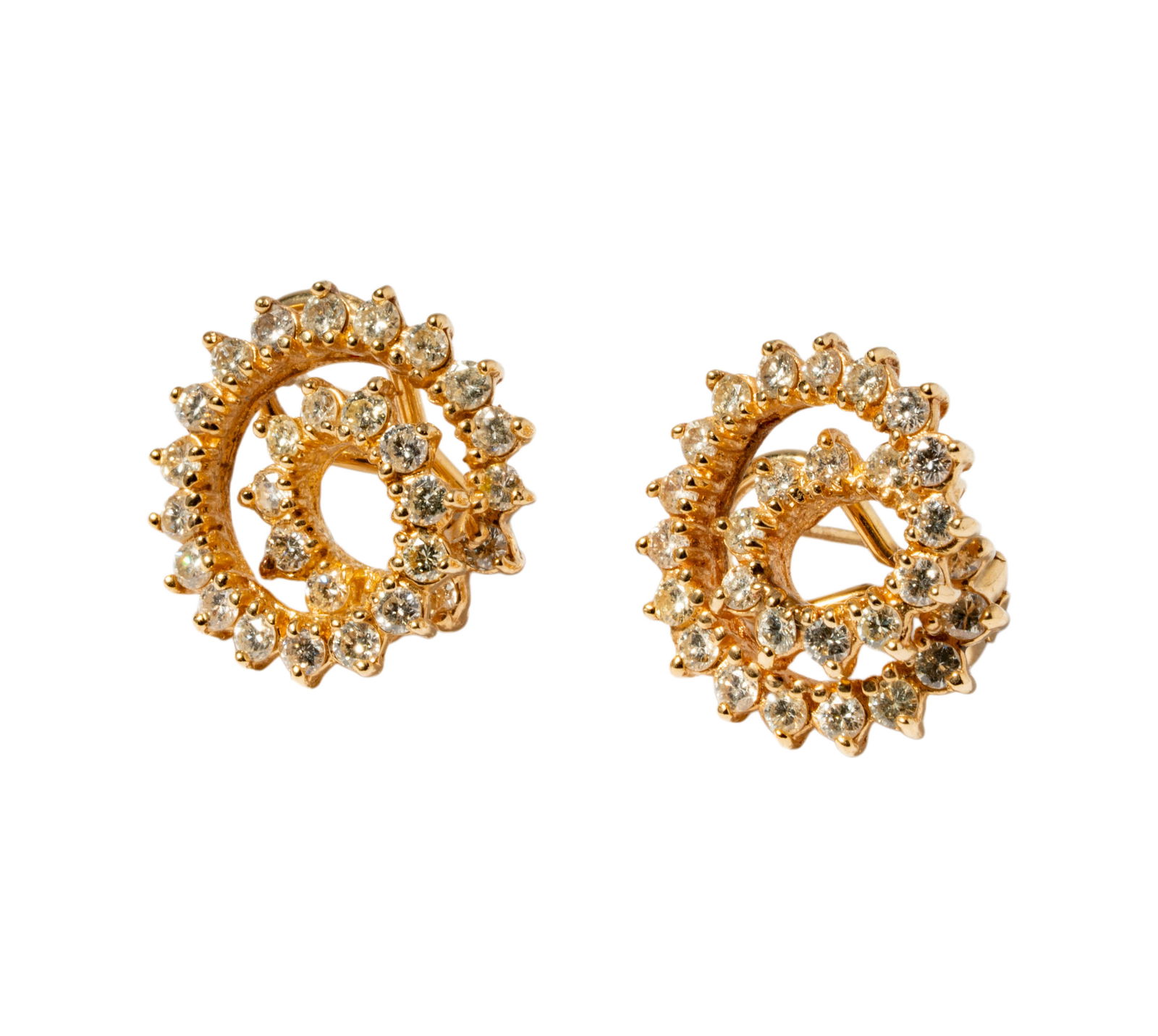 Pair of 14 Karat Yellow Gold & Diamond Earrings: Including one pair of gold and diamond earrings set with 58 small round diamonds [I/SI] weighing approximately 1.75 carats; measuring 18.50 mm in diameter, weighing 8 grams;