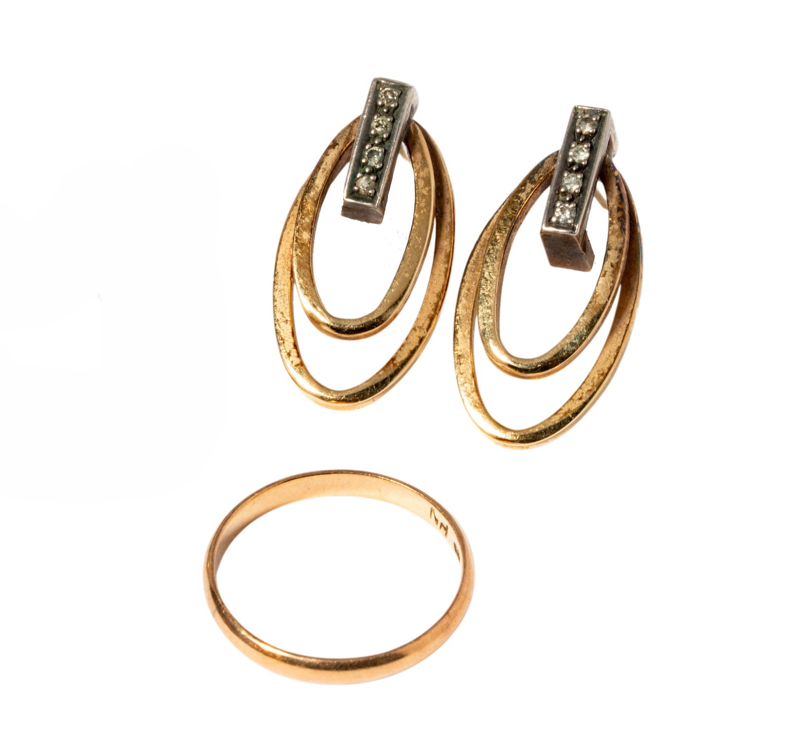 Pair of 14 Karat Yellow Gold & Diamond Earrings with ring (1 of 5)