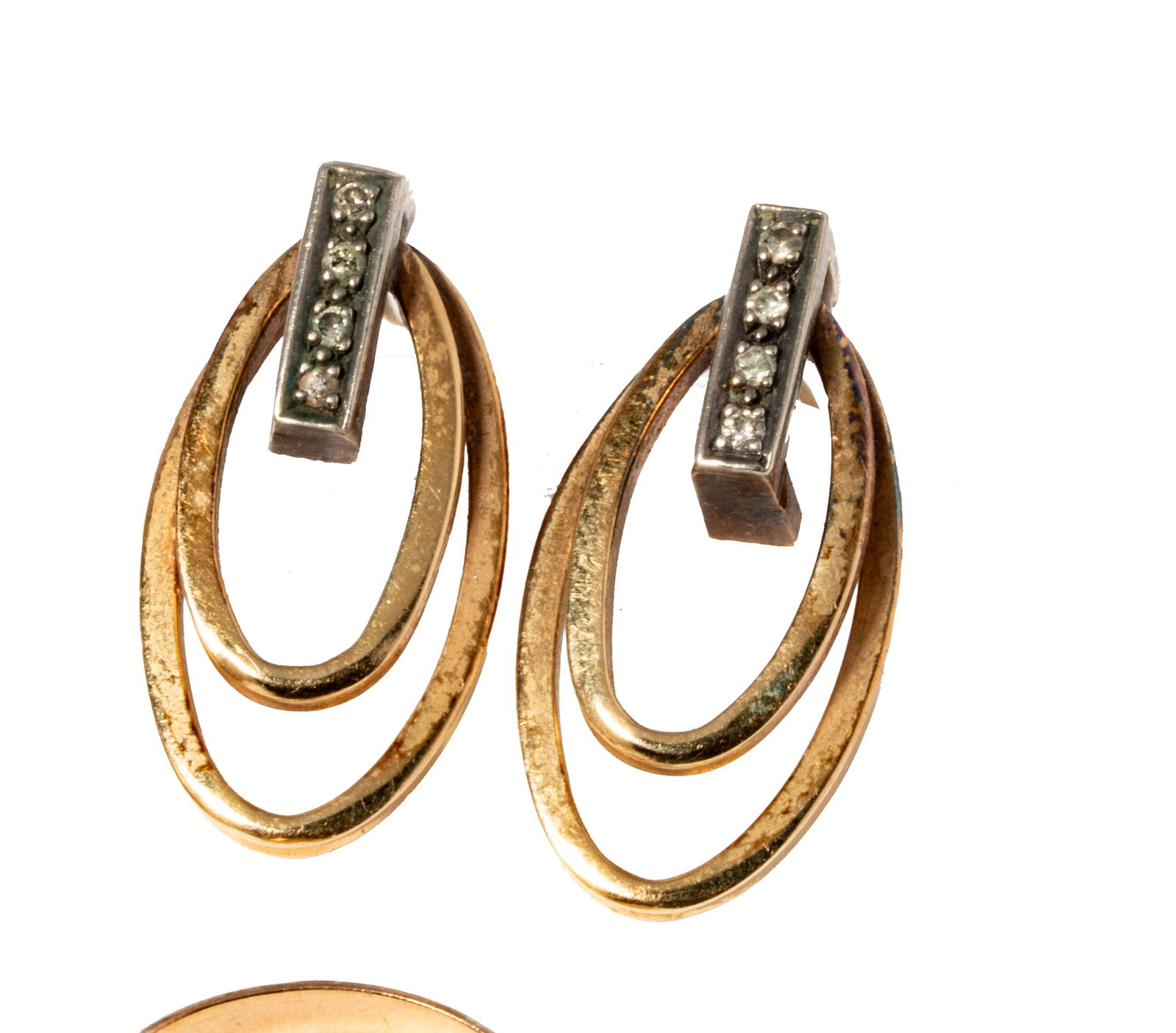 Pair of 14 Karat Yellow Gold & Diamond Earrings with ring - 2