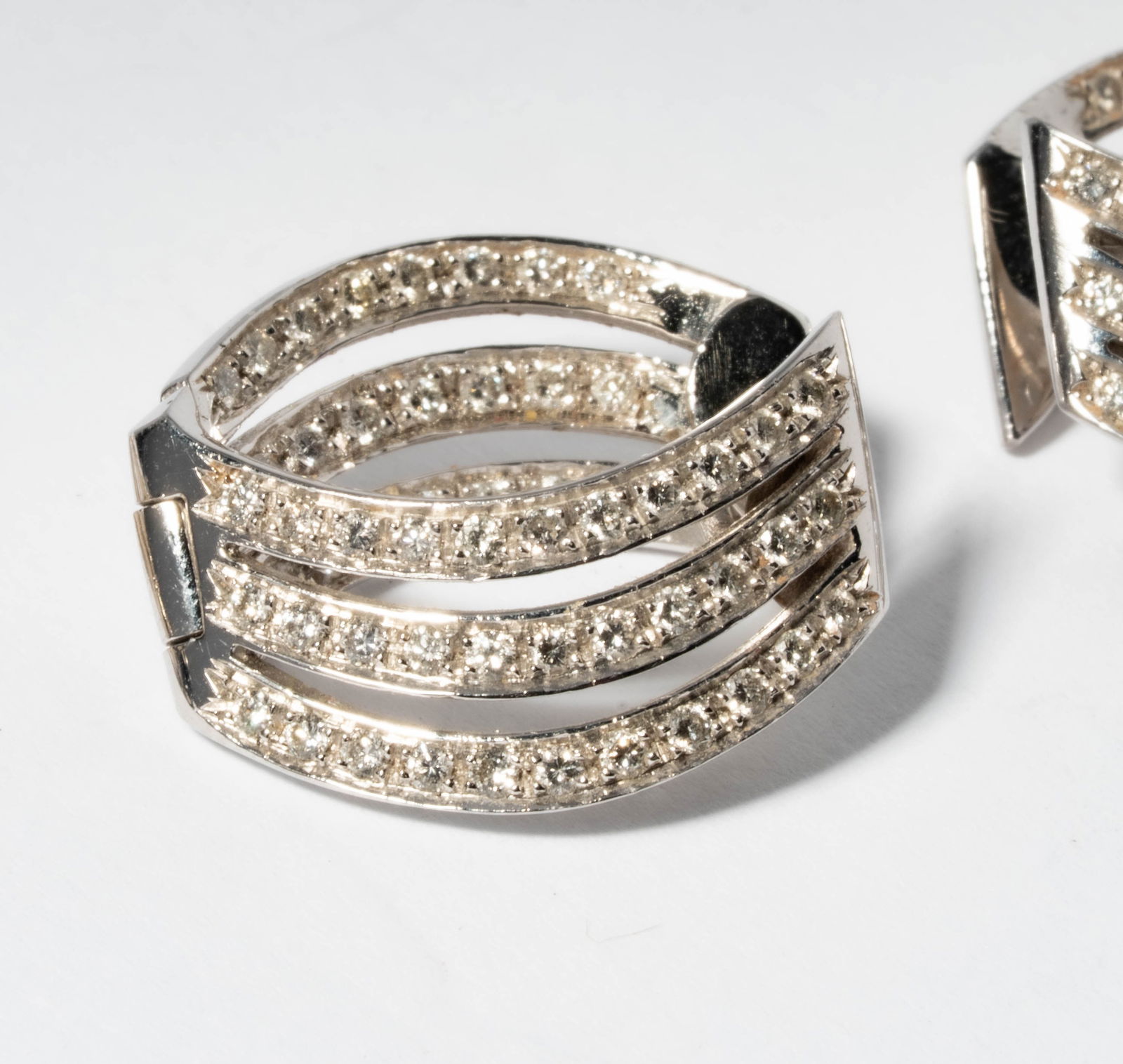 Pair of White Gold Diamond Earrings with Diamond and Sapphire Ring - 3