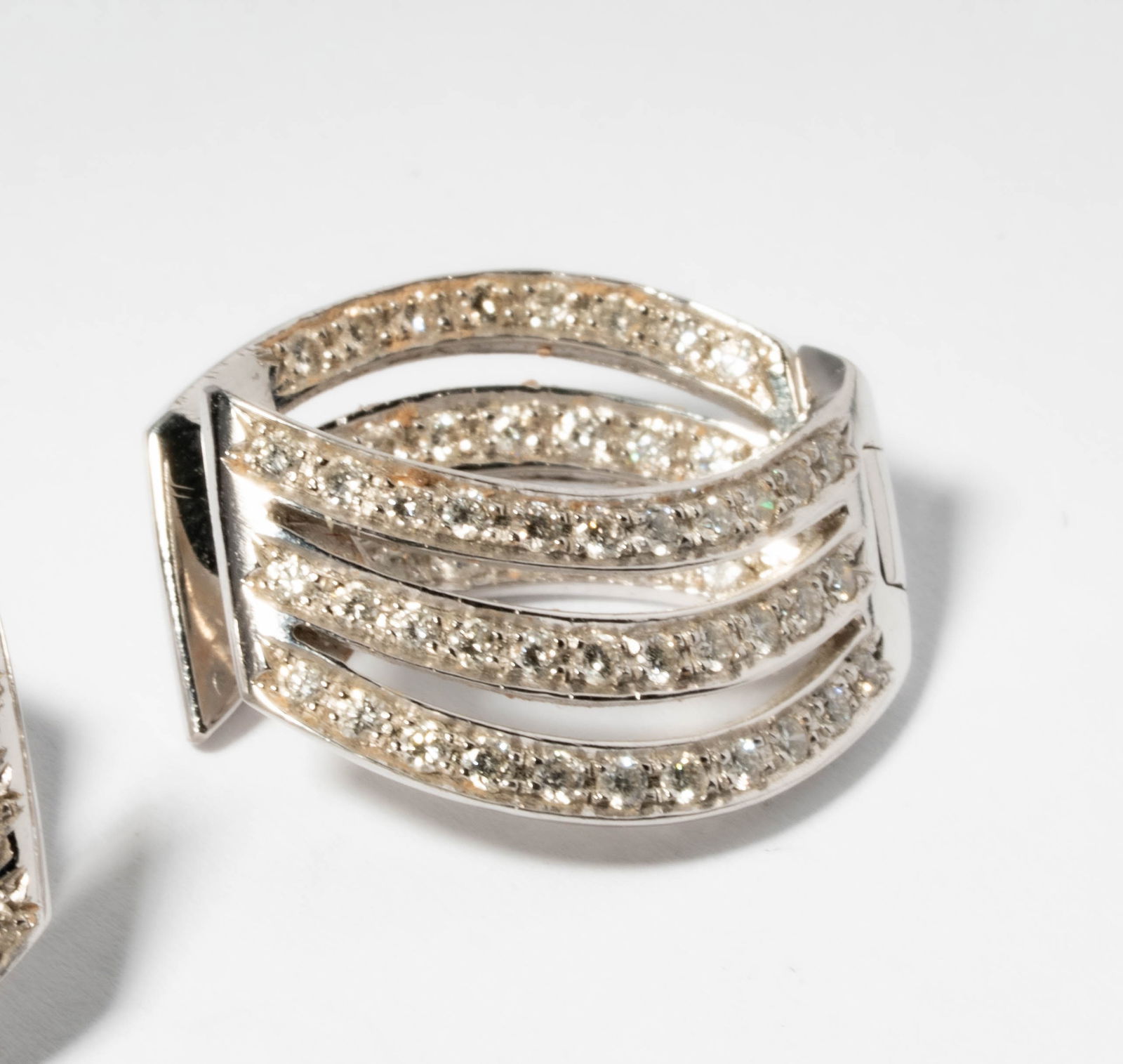 Pair of White Gold Diamond Earrings with Diamond and Sapphire Ring - 4